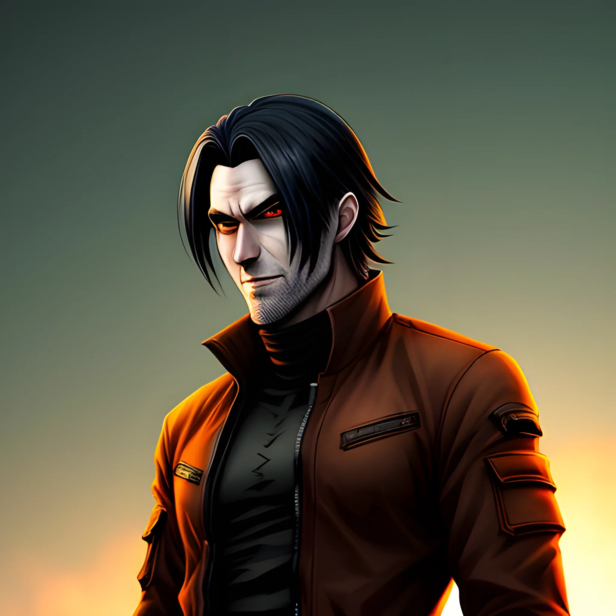 anime boy, 10 years old, dark hair, dark clothes, orange gradient smoky effect post apocalyptic background, 8k profile