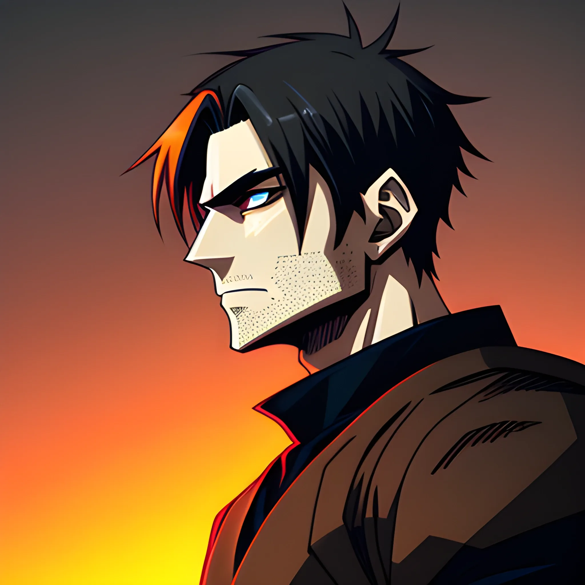 anime boy, 10 years old, short hair, dark clothes, post apocalyptic orange gradient smoky effect background, 8k profile