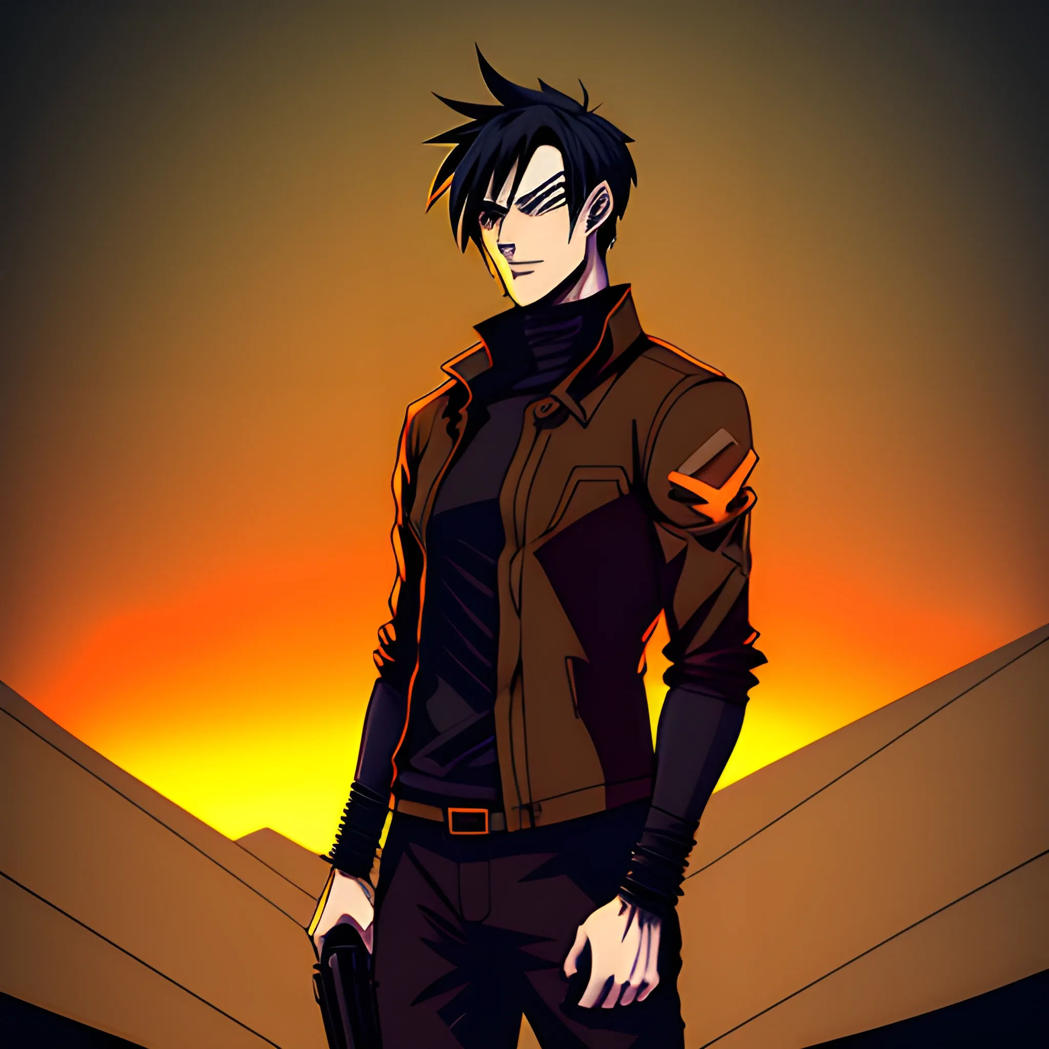 anime boy, 10 years old, short hair, dark clothes, post apocalyptic orange gradient smoky effect background, 8k profile