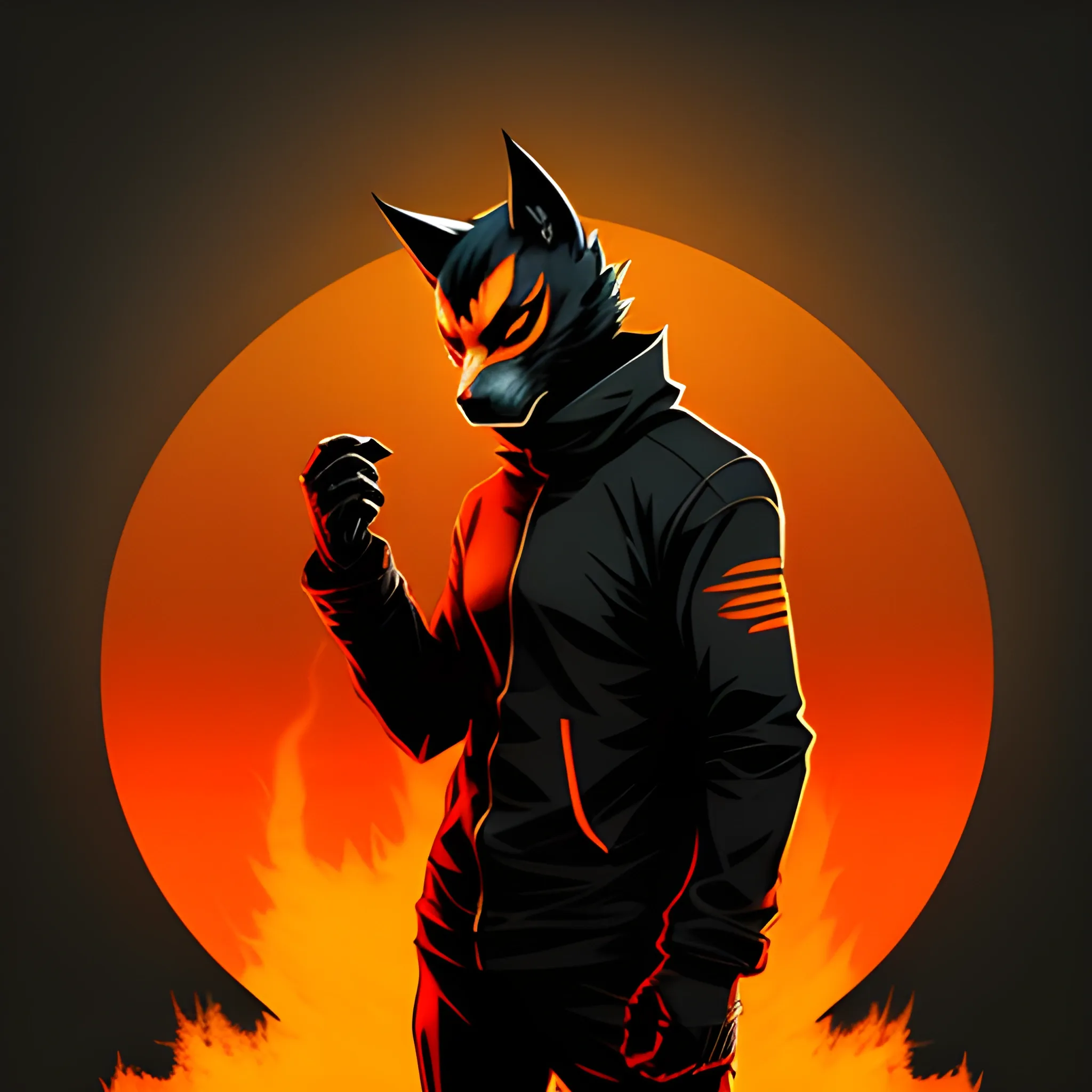 anime boy, 10 years old, short hair, dark clothes with a kitsune mask, post apocalyptic orange gradient smoky effect background, 4k profile