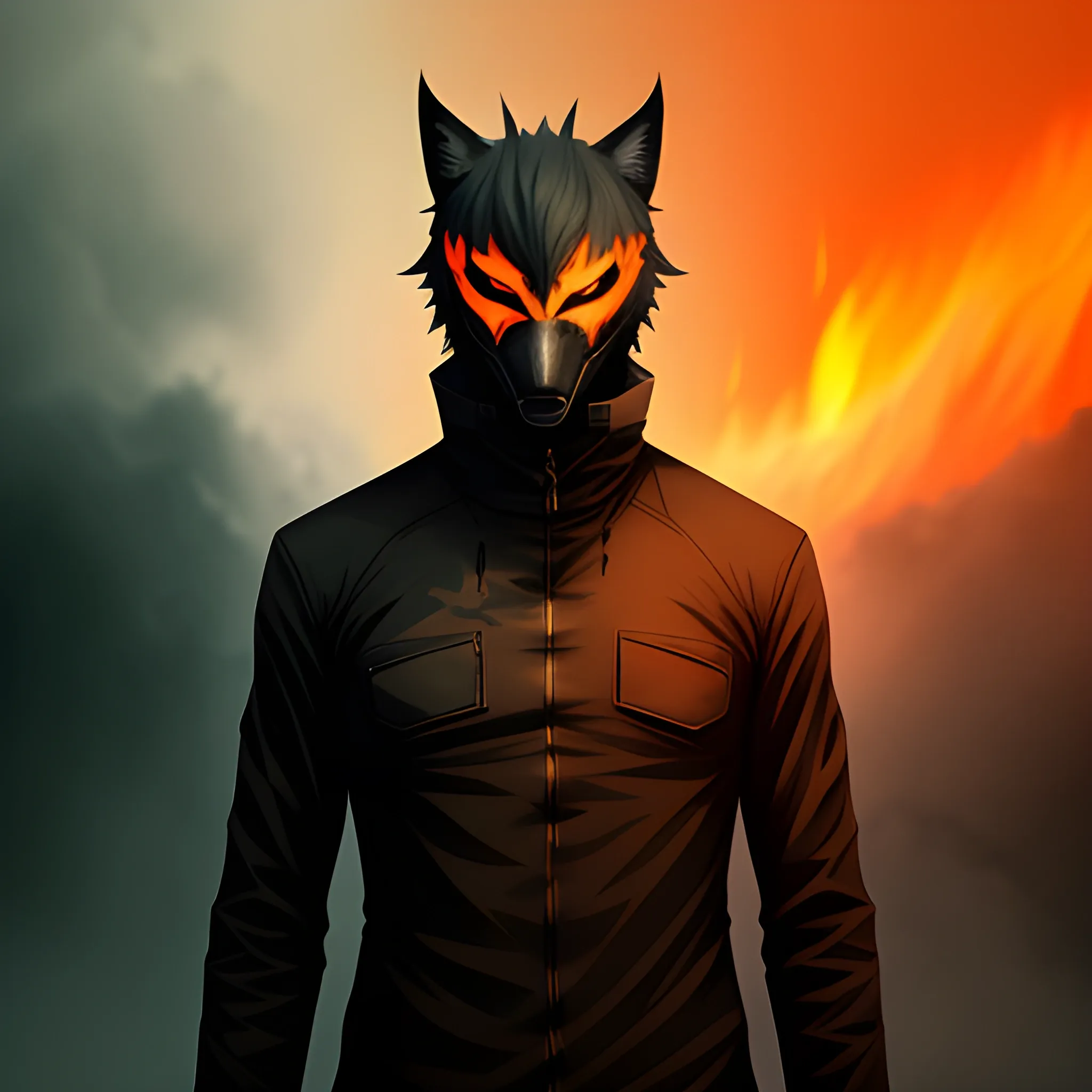 anime boy, 10 years old, short hair, dark clothes with a kitsune mask, post apocalyptic orange gradient smoky effect background, 4k profile