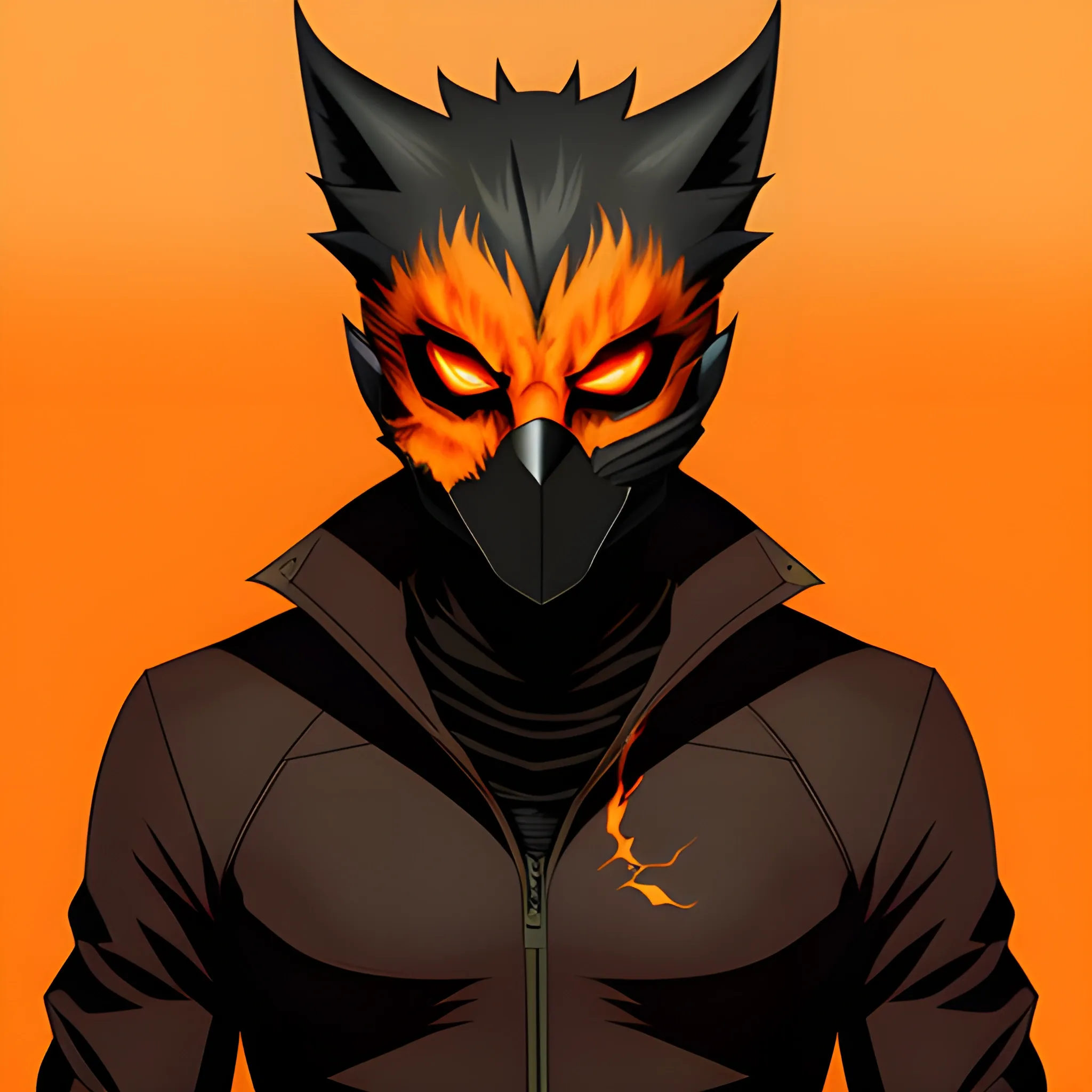 anime boy, 10 years old, short hair, dark clothes with a kitsune mask, post apocalyptic orange gradient smoky effect background, 4k profile
