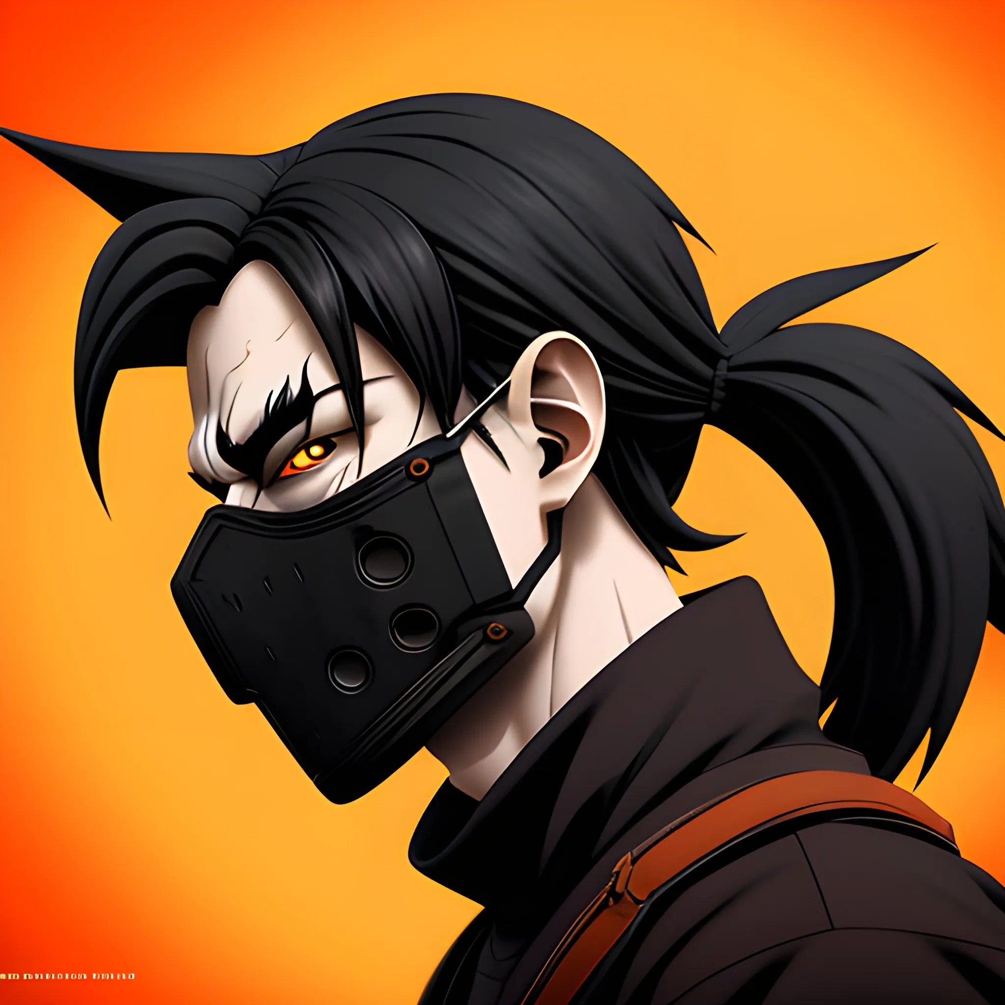 anime man, dark hair, black clothes, post apocalyptic world, orange smoky rendering, kitsune mask with half effect on, 8k profile