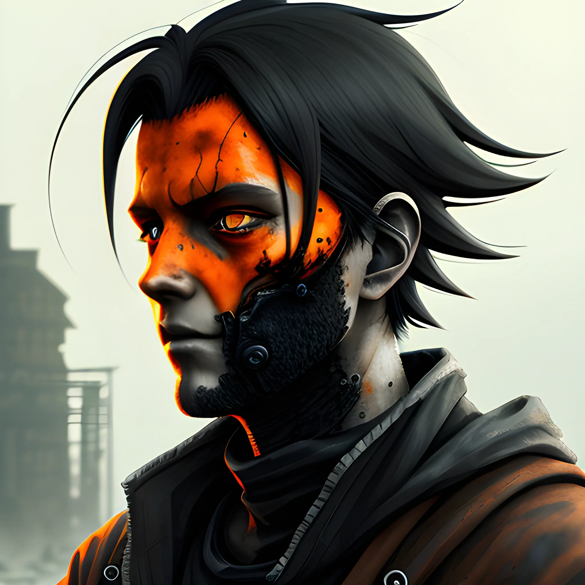 anime man, dark hair, black clothes, post apocalyptic world, orange smoky rendering , 8k profile