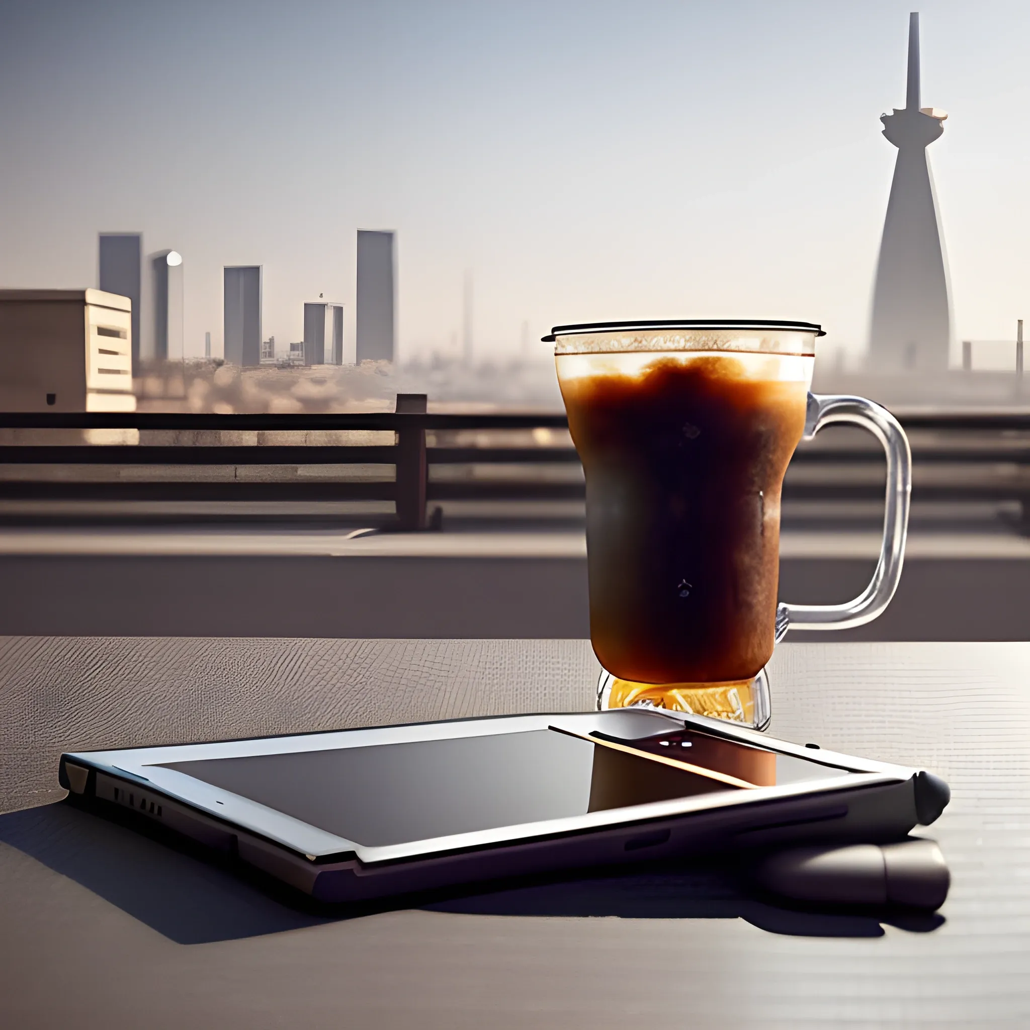 Crafted to life: Cold brew coffee and Surface Pro meet on a city street, modern companions in an open landscape. The distant Milad Tower graces the backdrop, cinematic lighting weaving serenity. Dive into intricate textures and details, an artistic journey of discovery., 3D, 3D, 3D