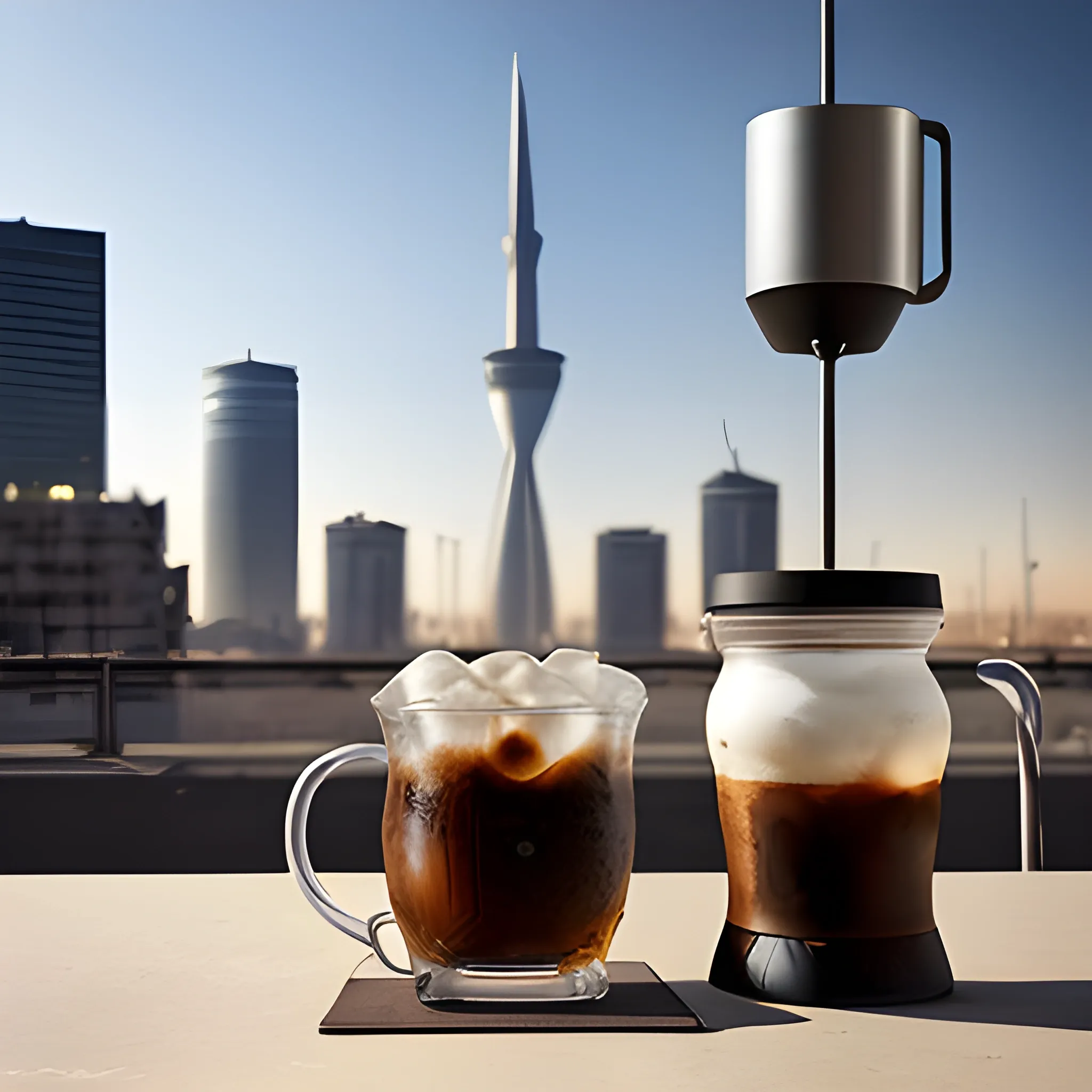 Crafted to life: Cold brew coffee and Surface Pro meet on a city street, modern companions in an open landscape. The distant Milad Tower graces the backdrop, cinematic lighting weaving serenity. Dive into intricate textures and details, an artistic journey of discovery., 3D