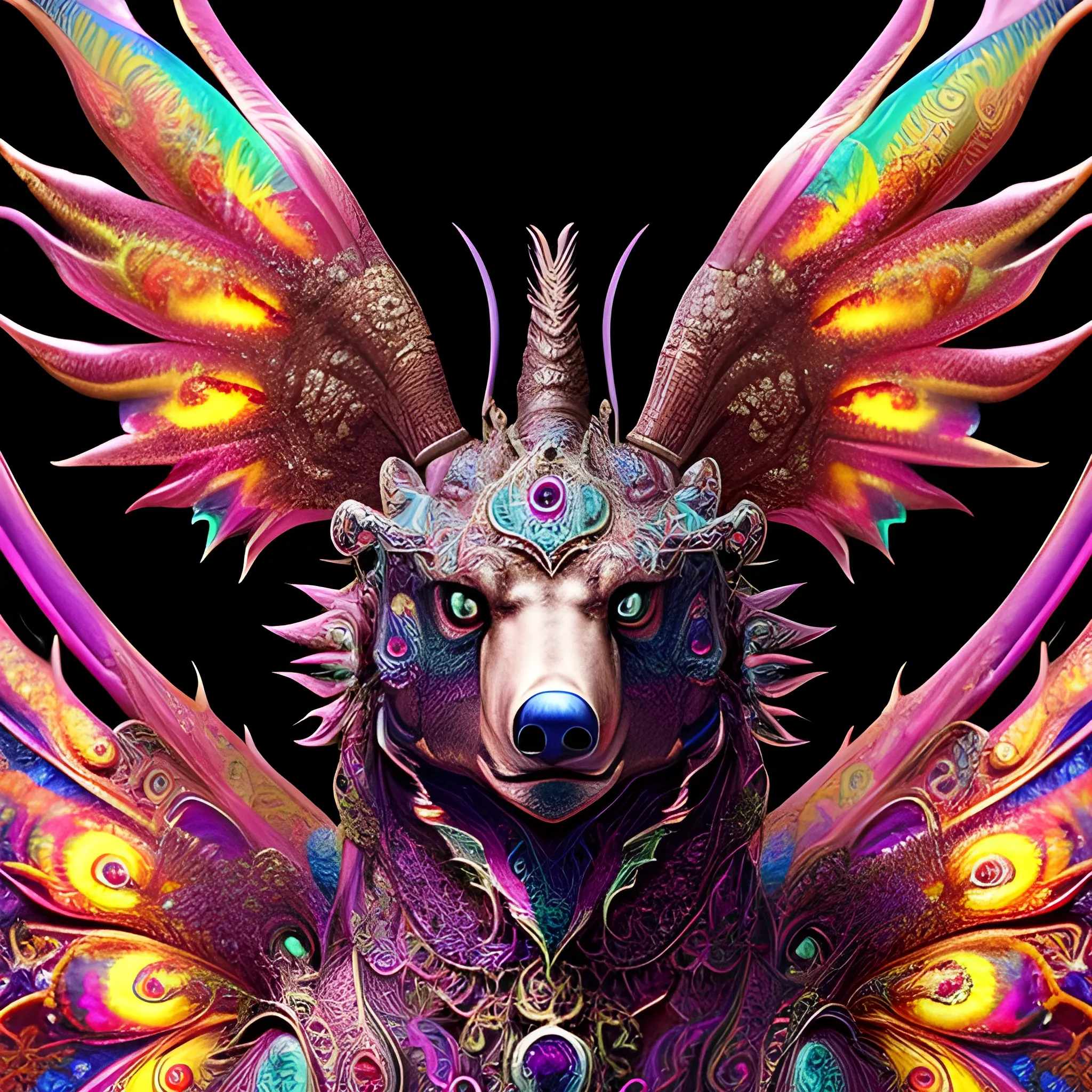 dragon bear, fire psychedelic, cute eyes, dragon wings, bear claws, peacock feathers, filigree laser fractal details, glistening shiny scales, intricate ornate hypermaximalist sharp focus, dramatic lighting, highly detailed and intricate, hyper maximalist, ornate, photographic style, luxury, elite, haunting matte painting, cinematic