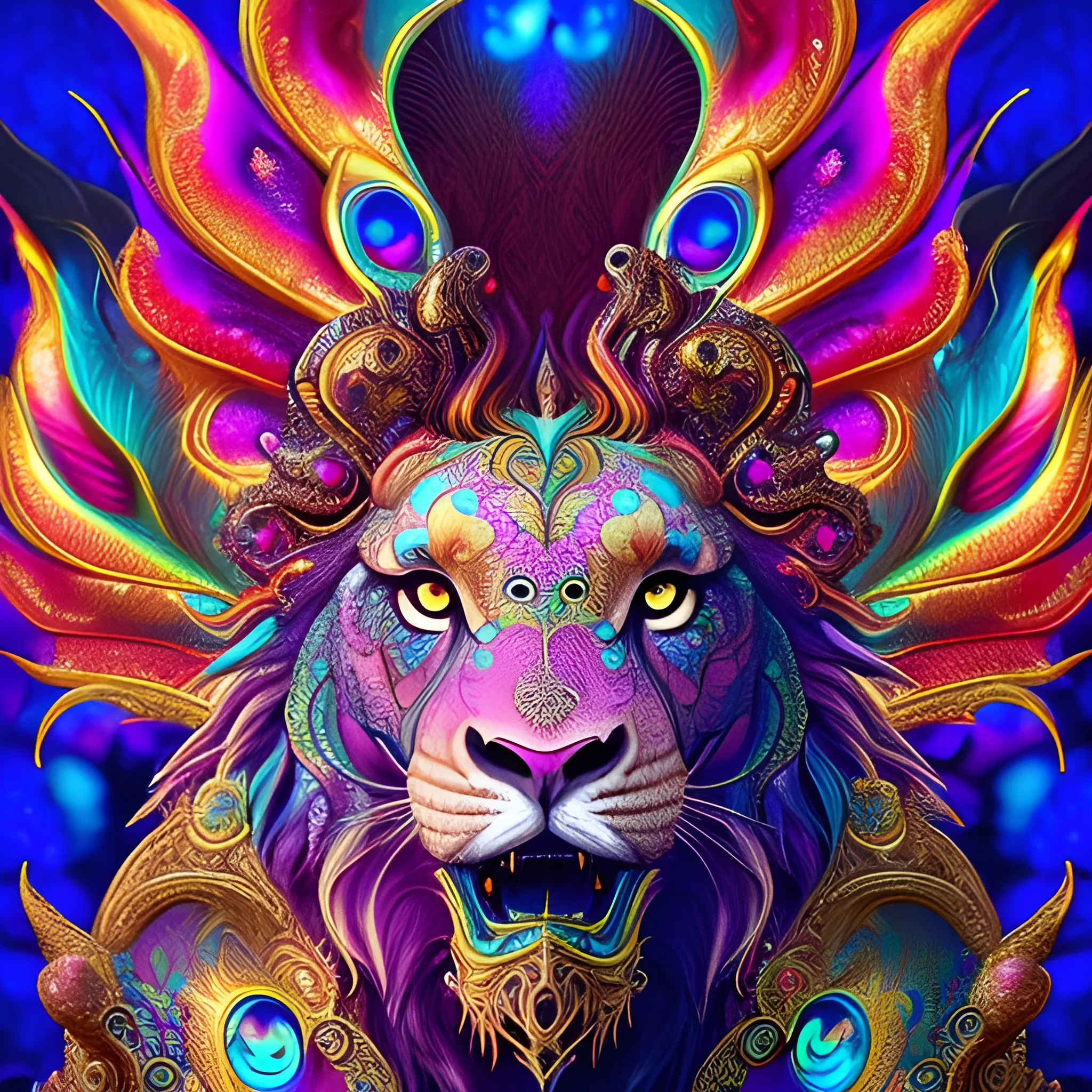 dragon lion, fire psychedelic, cute eyes, dragon wings, bear claws, peacock feathers, filigree laser fractal details, glistening shiny scales, intricate ornate hypermaximalist sharp focus, dramatic lighting, highly detailed and intricate, hyper maximalist, ornate, photographic style, luxury, elite, haunting matte painting, cinematic