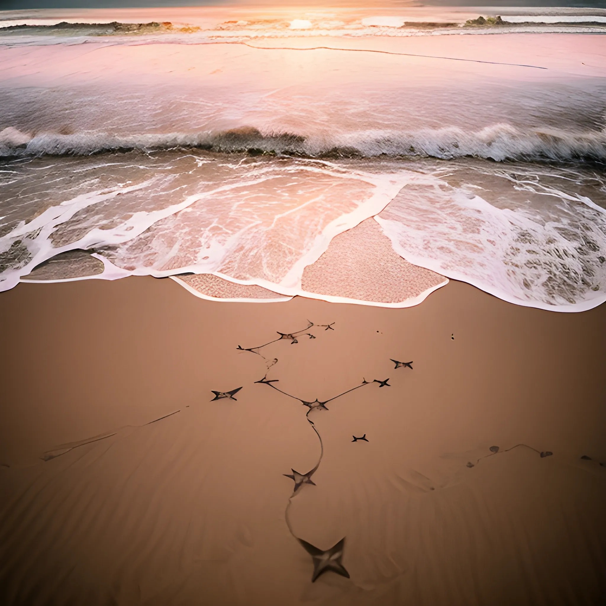 80mm Sigma f/1.4 or any ZEISS lens Cinematic scene - long shot: ((Seth Lord)), beach sunset, gentle waves, seagulls, ((distant Spaceships)), footprints in sand. Constellation stars in the sky, with two moons, by Annie Leibovitz, Karol Bak