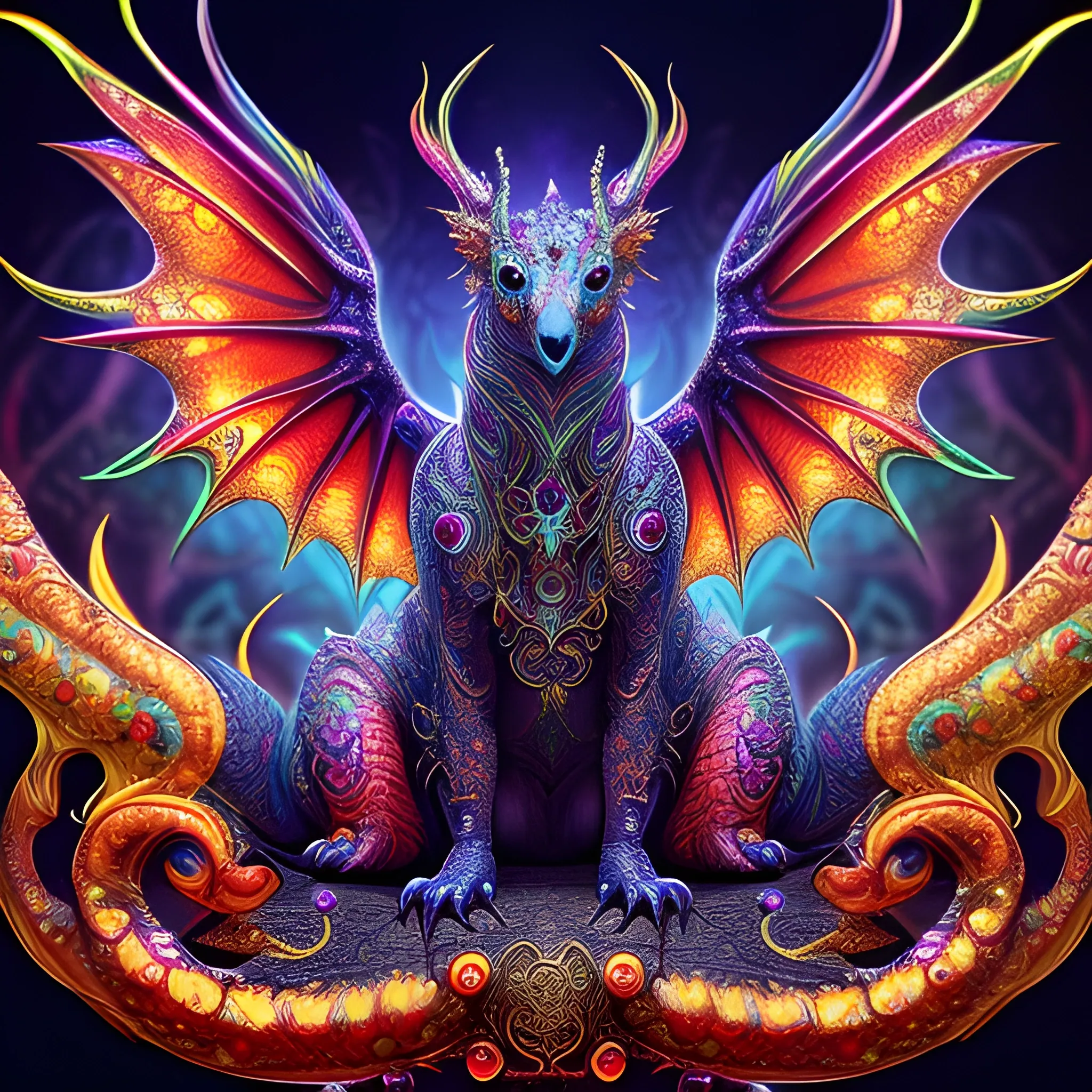 dragon tigge, fire psychedelic, cute eyes, dragon wings, bear claws, peacock feathers, filigree laser fractal details, glistening shiny scales, intricate ornate hypermaximalist sharp focus, dramatic lighting, highly detailed and intricate, hyper maximalist, ornate, photographic style, luxury, elite, haunting matte painting, cinematic