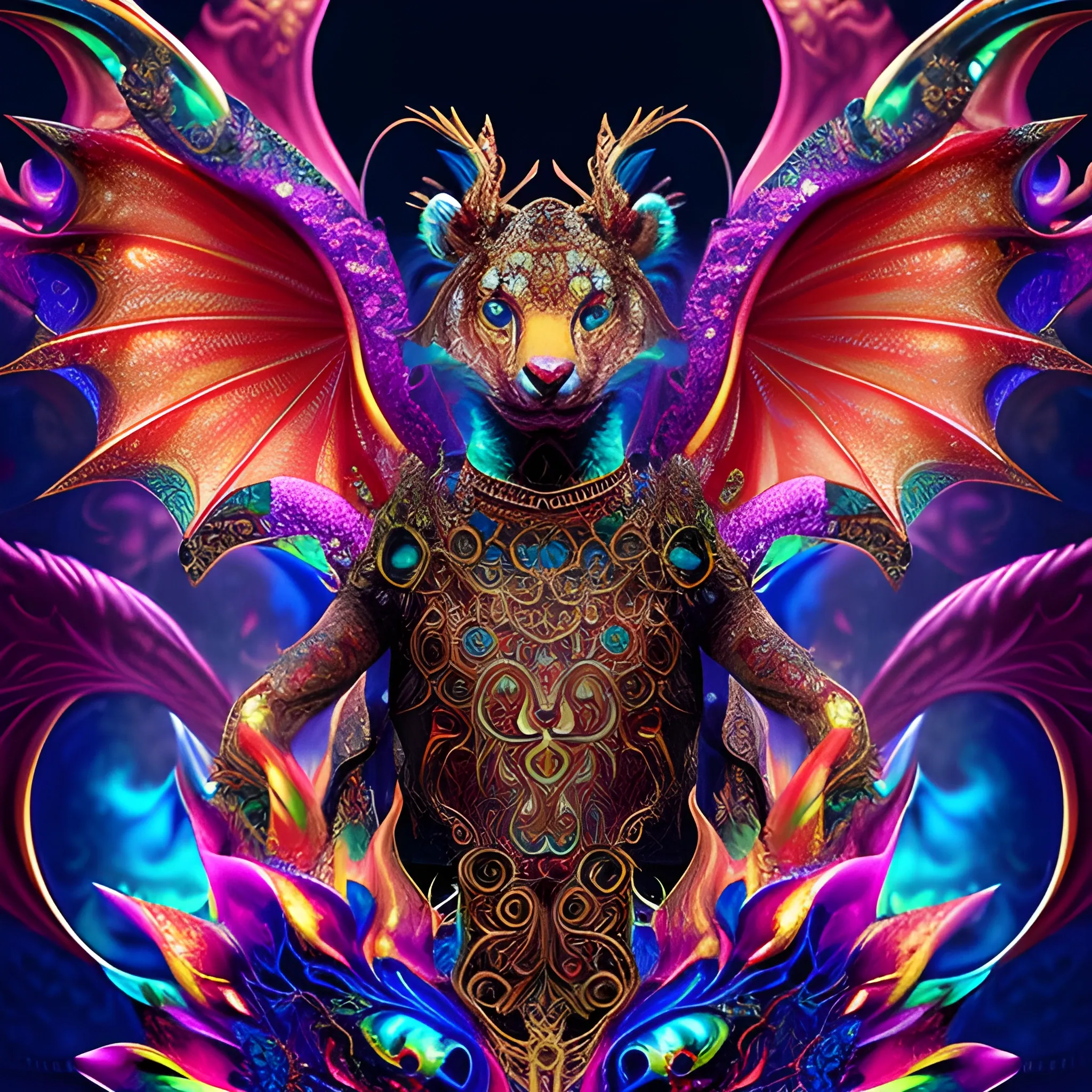 dragon tiger, fire psychedelic, cute eyes, dragon wings, bear claws, peacock feathers, filigree laser fractal details, glistening shiny scales, intricate ornate hypermaximalist sharp focus, dramatic lighting, highly detailed and intricate, hyper maximalist, ornate, photographic style, luxury, elite, haunting matte painting, cinematic