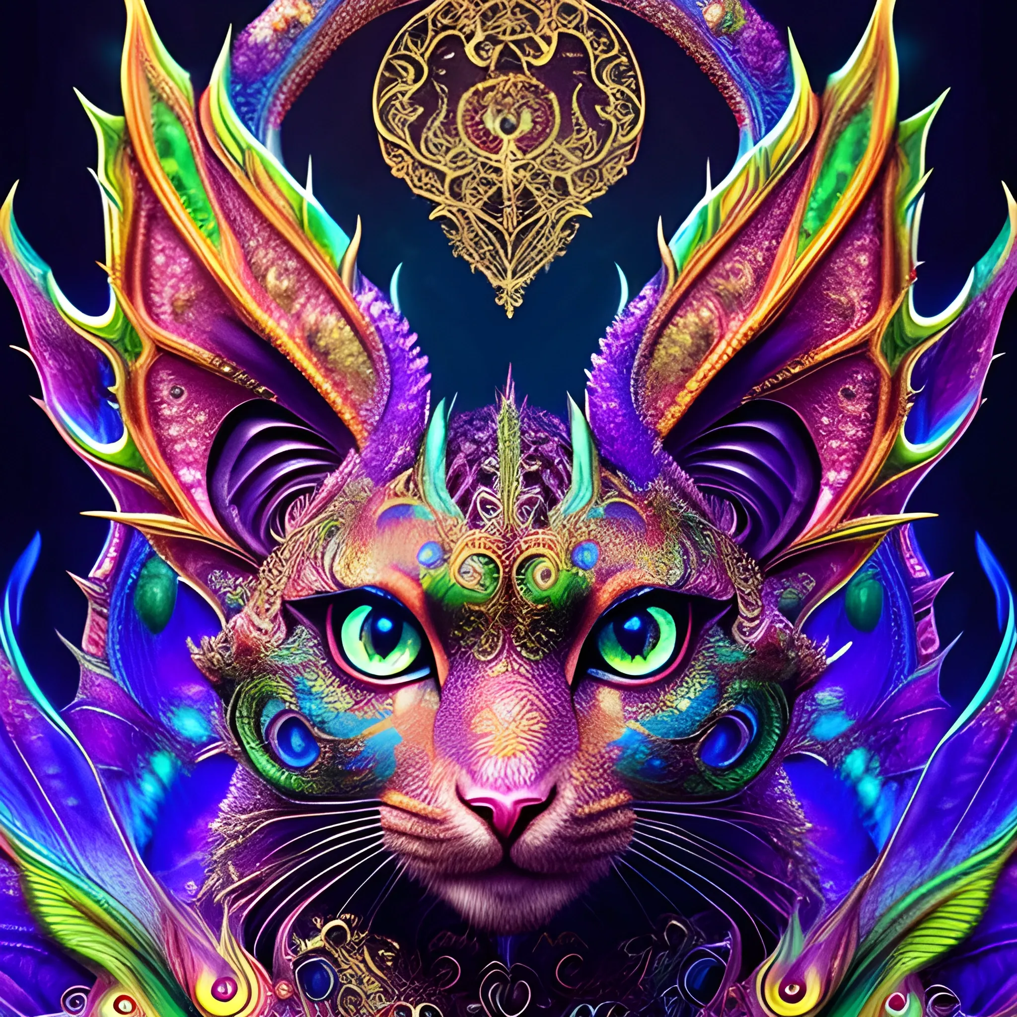 dragon cat, fire psychedelic, cute eyes, dragon wings, bear claws, peacock feathers, filigree laser fractal details, glistening shiny scales, intricate ornate hypermaximalist sharp focus, dramatic lighting, highly detailed and intricate, hyper maximalist, ornate, photographic style, luxury, elite, haunting matte painting, cinematic