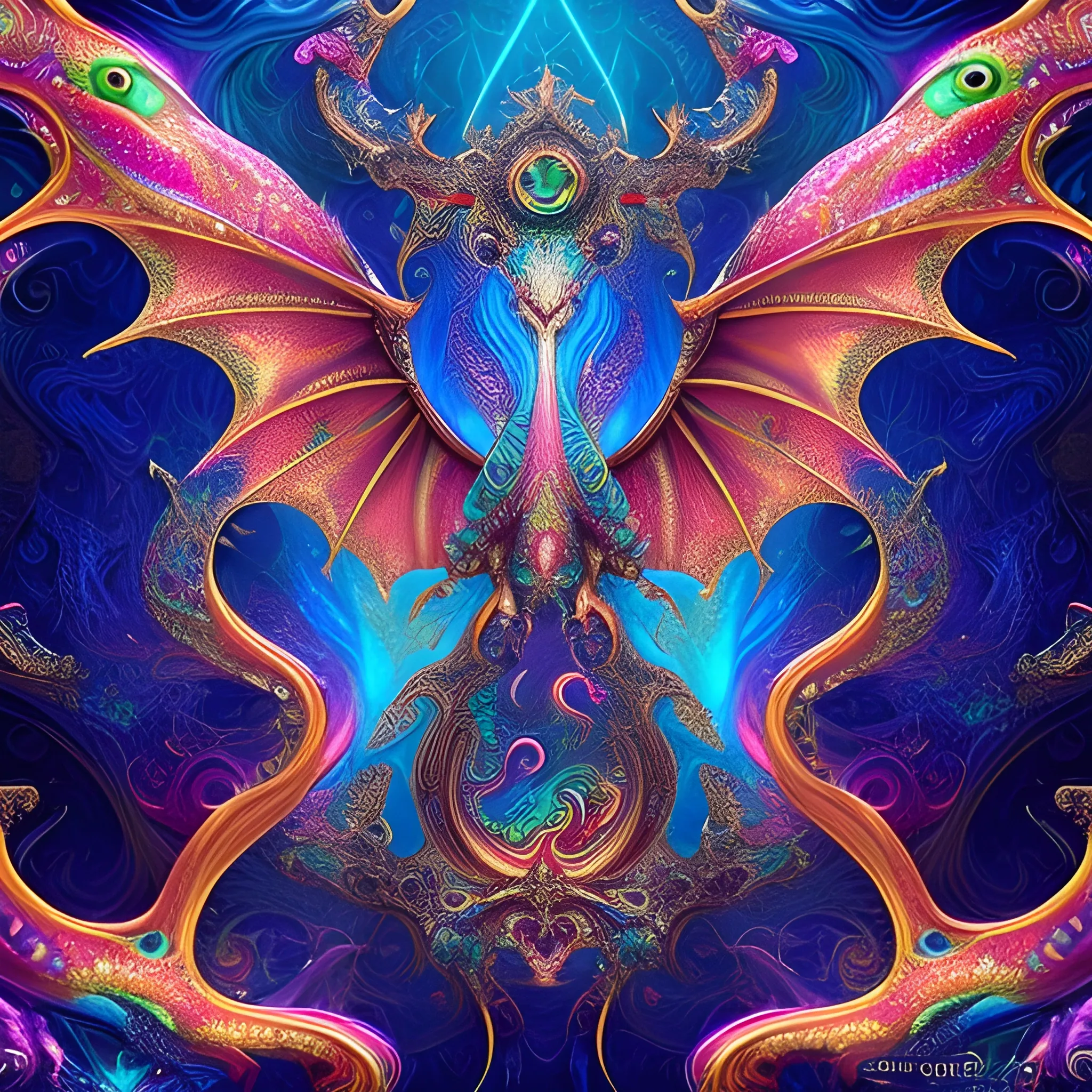 dragon dolphin, fire psychedelic, cute eyes, dragon wings, bear claws, peacock feathers, filigree laser fractal details, glistening shiny scales, intricate ornate hypermaximalist sharp focus, dramatic lighting, highly detailed and intricate, hyper maximalist, ornate, photographic style, luxury, elite, haunting matte painting, cinematic