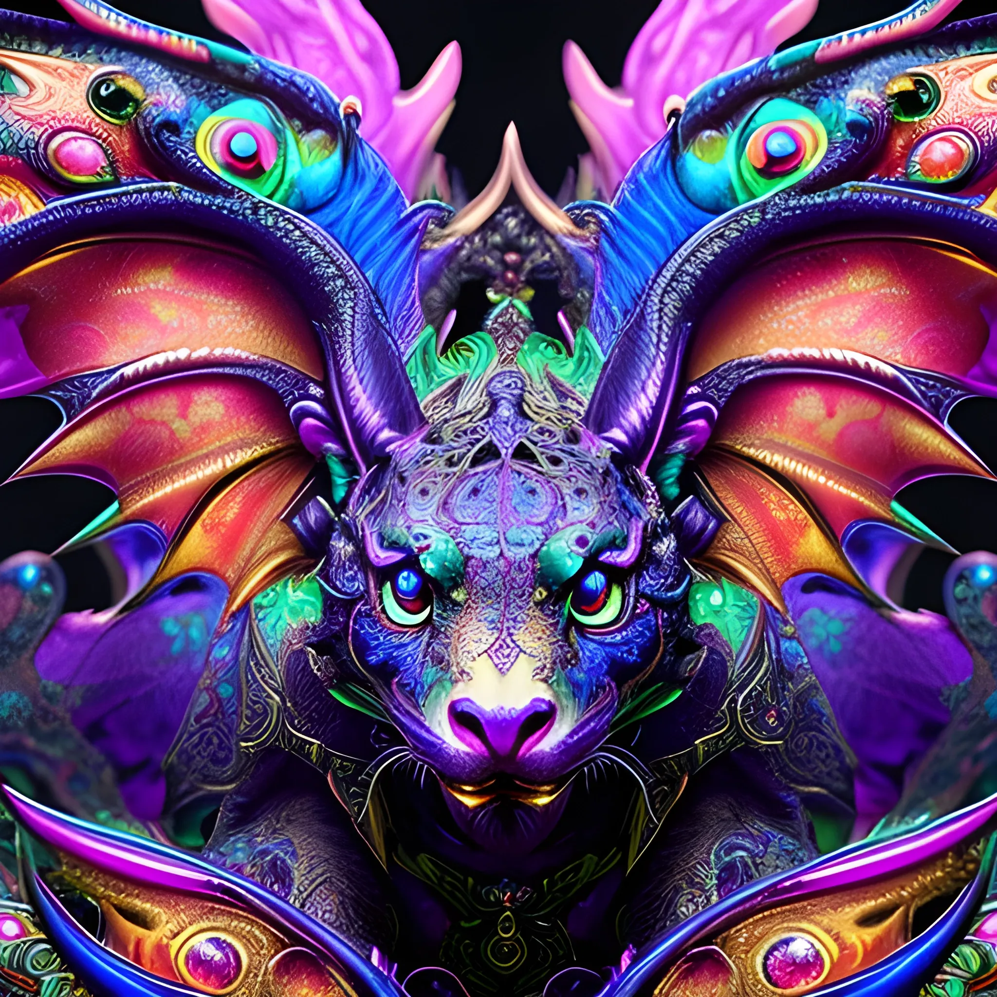 dragon panther, fire psychedelic, cute eyes, dragon wings, bear claws, peacock feathers, filigree laser fractal details, glistening shiny scales, intricate ornate hypermaximalist sharp focus, dramatic lighting, highly detailed and intricate, hyper maximalist, ornate, photographic style, luxury, elite, haunting matte painting, cinematic