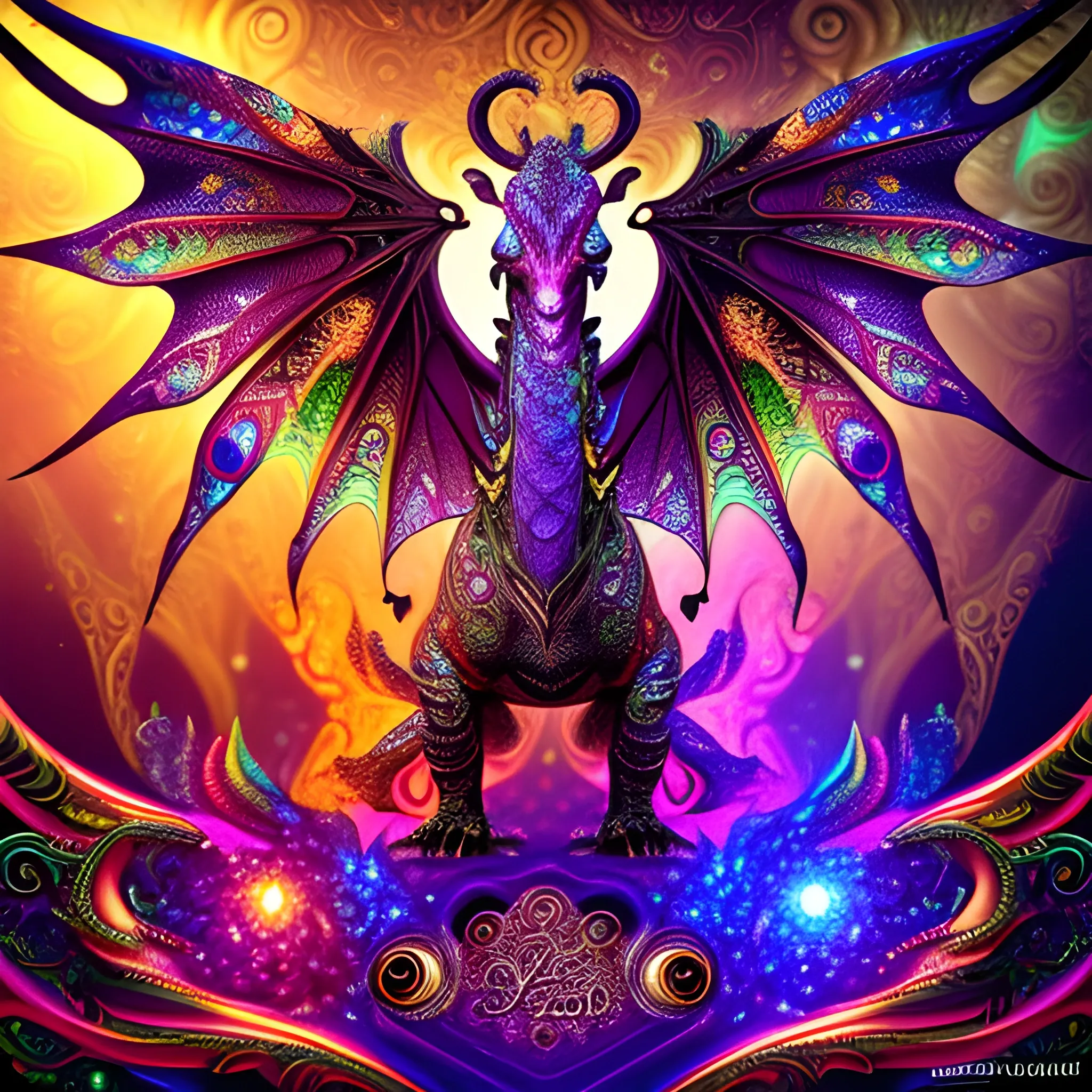 dragon zebra, fire psychedelic, cute eyes, dragon wings, bear claws, peacock feathers, filigree laser fractal details, glistening shiny scales, intricate ornate hypermaximalist sharp focus, dramatic lighting, highly detailed and intricate, hyper maximalist, ornate, photographic style, luxury, elite, haunting matte painting, cinematic