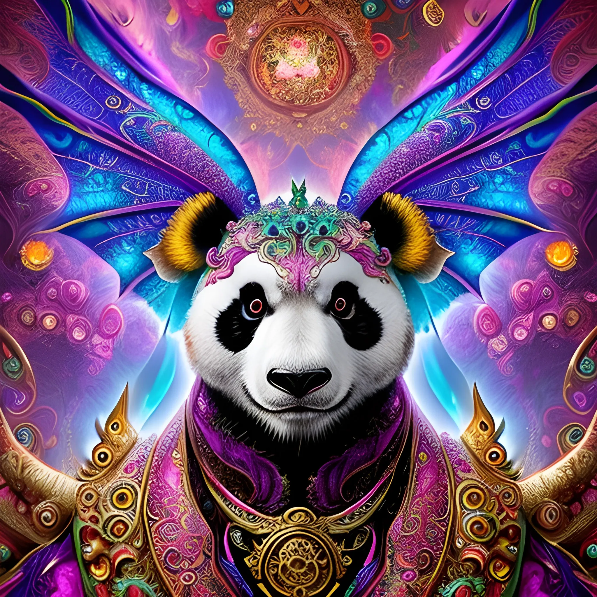 dragon panda, fire psychedelic, cute eyes, dragon wings, bear claws, peacock feathers, filigree laser fractal details, glistening shiny scales, intricate ornate hypermaximalist sharp focus, dramatic lighting, highly detailed and intricate, hyper maximalist, ornate, photographic style, luxury, elite, haunting matte painting, cinematic