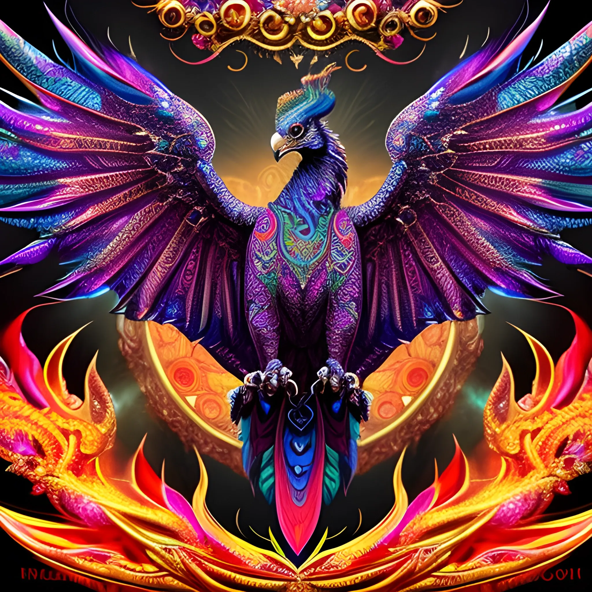 dragon eagle, fire psychedelic, cute eyes, dragon wings, bear claws, peacock feathers, filigree laser fractal details, glistening shiny scales, intricate ornate hypermaximalist sharp focus, dramatic lighting, highly detailed and intricate, hyper maximalist, ornate, photographic style, luxury, elite, haunting matte painting, cinematic