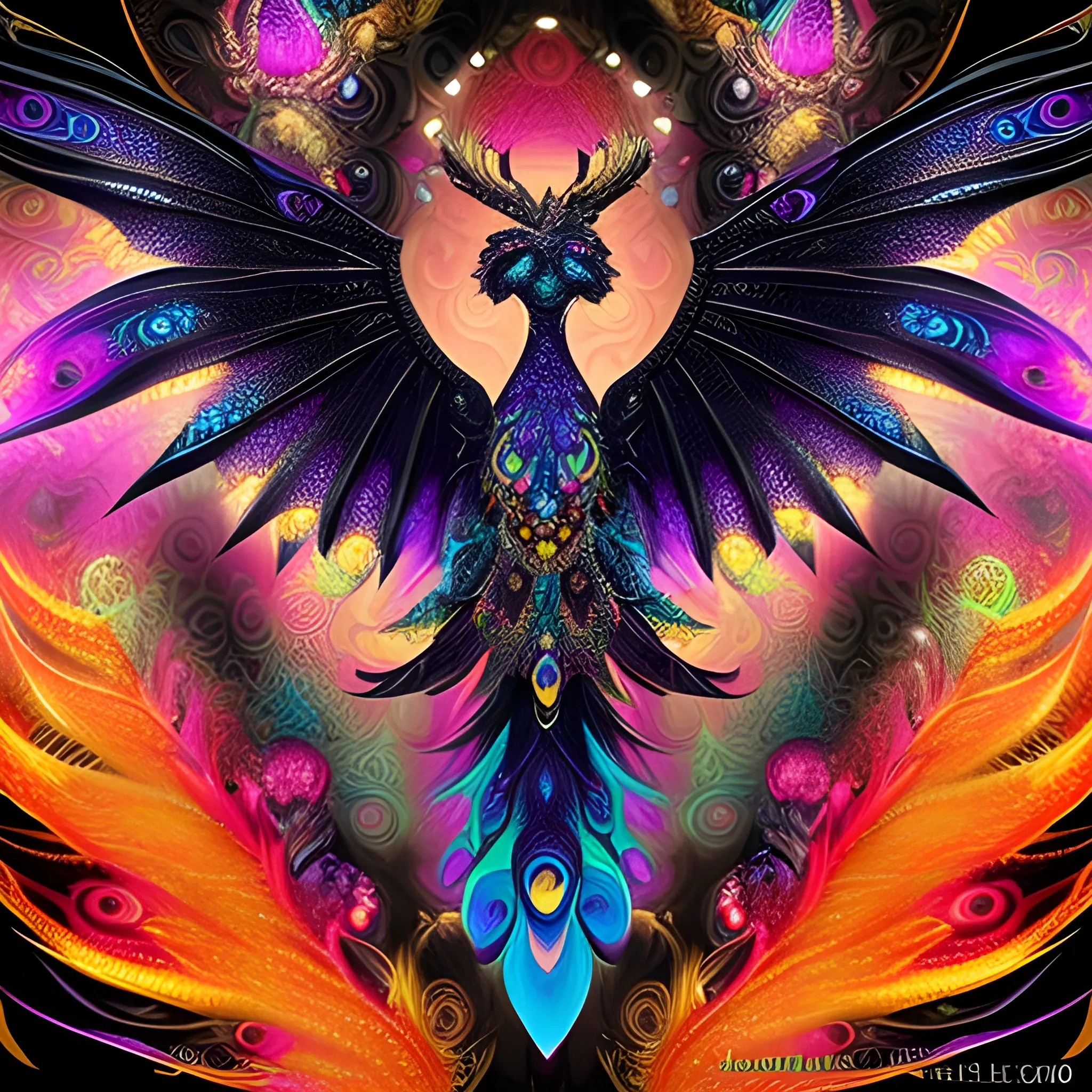 dragon black hawk, fire psychedelic, cute eyes, dragon wings, bear claws, peacock feathers, filigree laser fractal details, glistening shiny scales, intricate ornate hypermaximalist sharp focus, dramatic lighting, highly detailed and intricate, hyper maximalist, ornate, photographic style, luxury, elite, haunting matte painting, cinematic