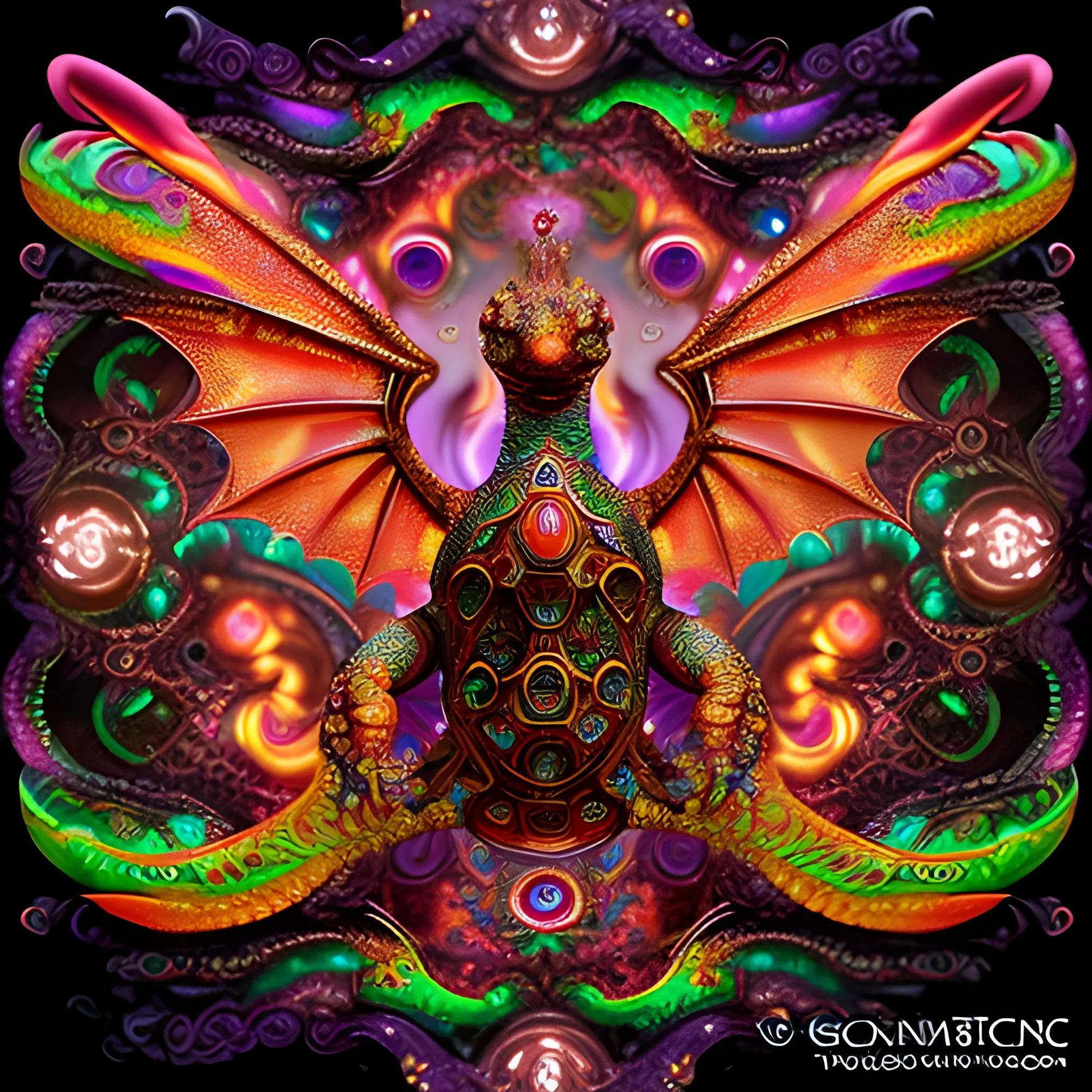 dragon tortoise, fire psychedelic, cute eyes, dragon wings, bear claws, peacock feathers, filigree laser fractal details, glistening shiny scales, intricate ornate hypermaximalist sharp focus, dramatic lighting, highly detailed and intricate, hyper maximalist, ornate, photographic style, luxury, elite, haunting matte painting, cinematic