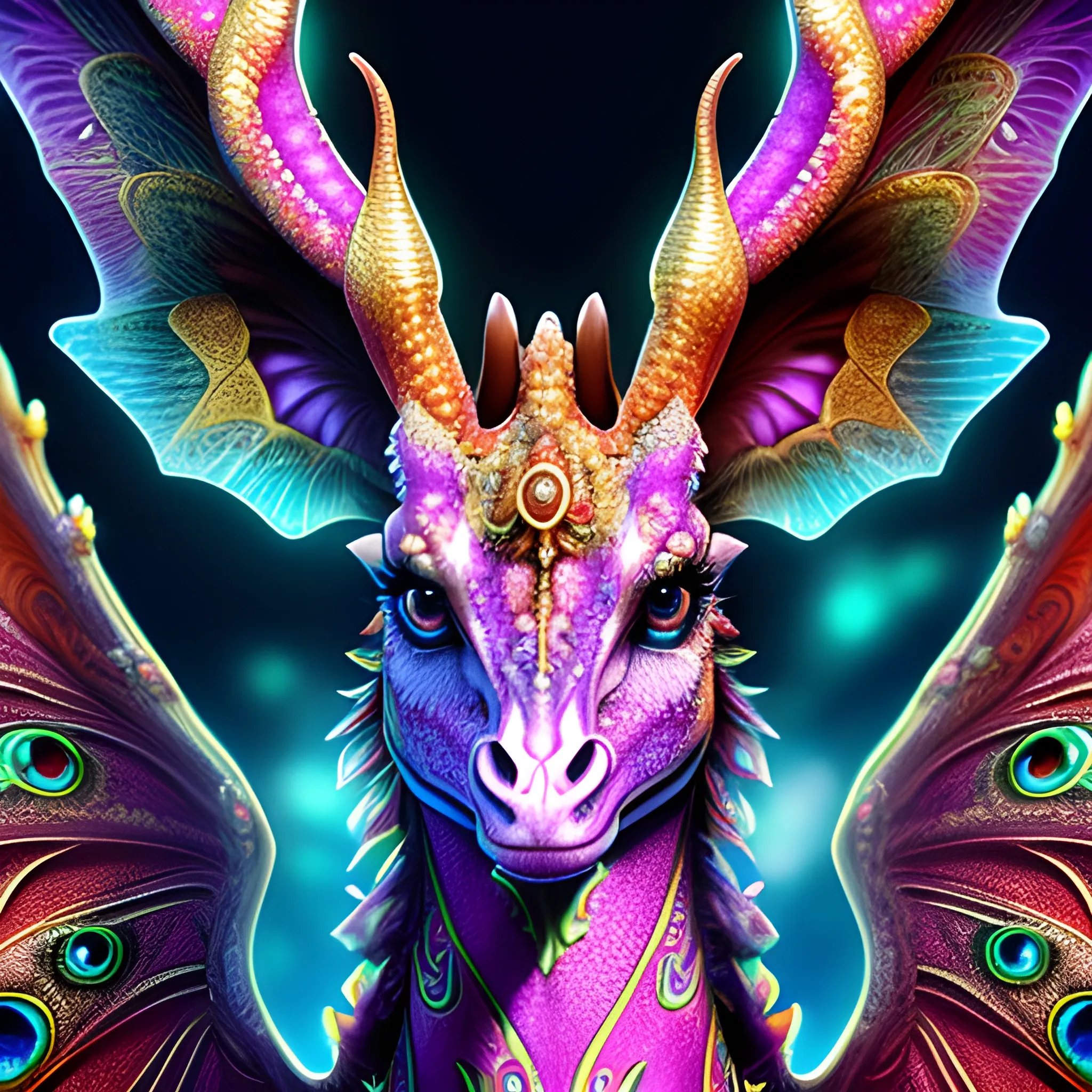 dragon giraffe, fire psychedelic, cute eyes, dragon wings, bear claws, peacock feathers, filigree laser fractal details, glistening shiny scales, intricate ornate hypermaximalist sharp focus, dramatic lighting, highly detailed and intricate, hyper maximalist, ornate, photographic style, luxury, elite, haunting matte painting, cinematic