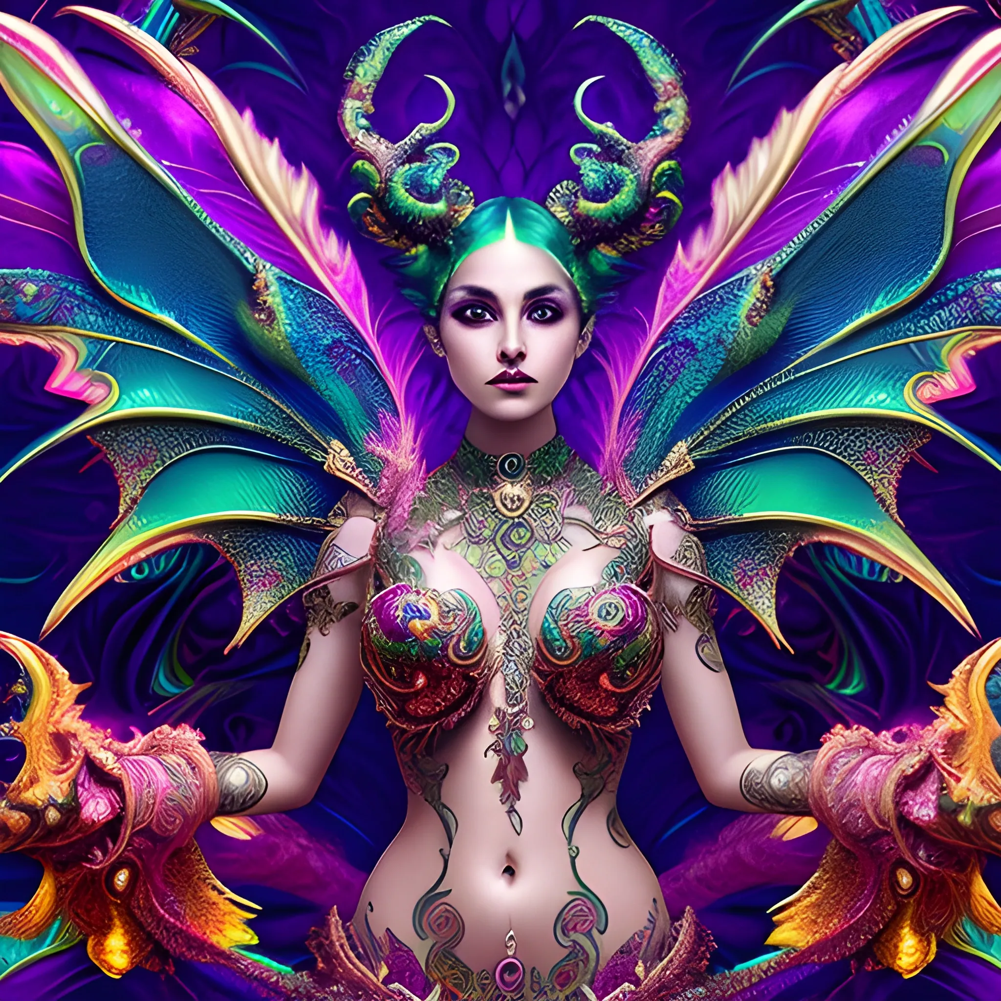 dragon siren, fire psychedelic, cute eyes, dragon wings, bear claws, peacock feathers, filigree laser fractal details, glistening shiny scales, intricate ornate hypermaximalist sharp focus, dramatic lighting, highly detailed and intricate, hyper maximalist, ornate, photographic style, luxury, elite, haunting matte painting, cinematic