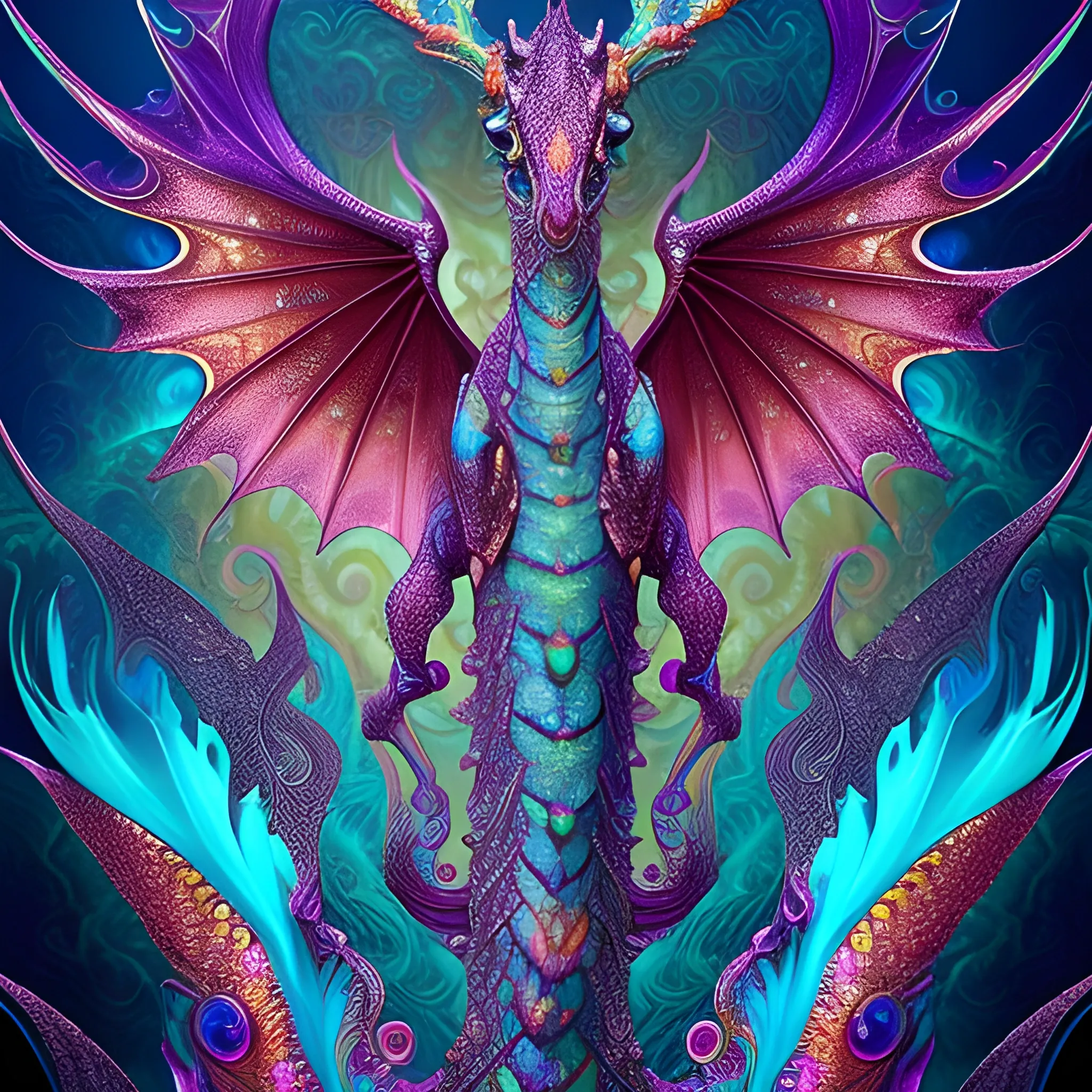 dragon Sea Horse, fire psychedelic, cute eyes, dragon wings, bear claws, peacock feathers, filigree laser fractal details, glistening shiny scales, intricate ornate hypermaximalist sharp focus, dramatic lighting, highly detailed and intricate, hyper maximalist, ornate, photographic style, luxury, elite, haunting matte painting, cinematic