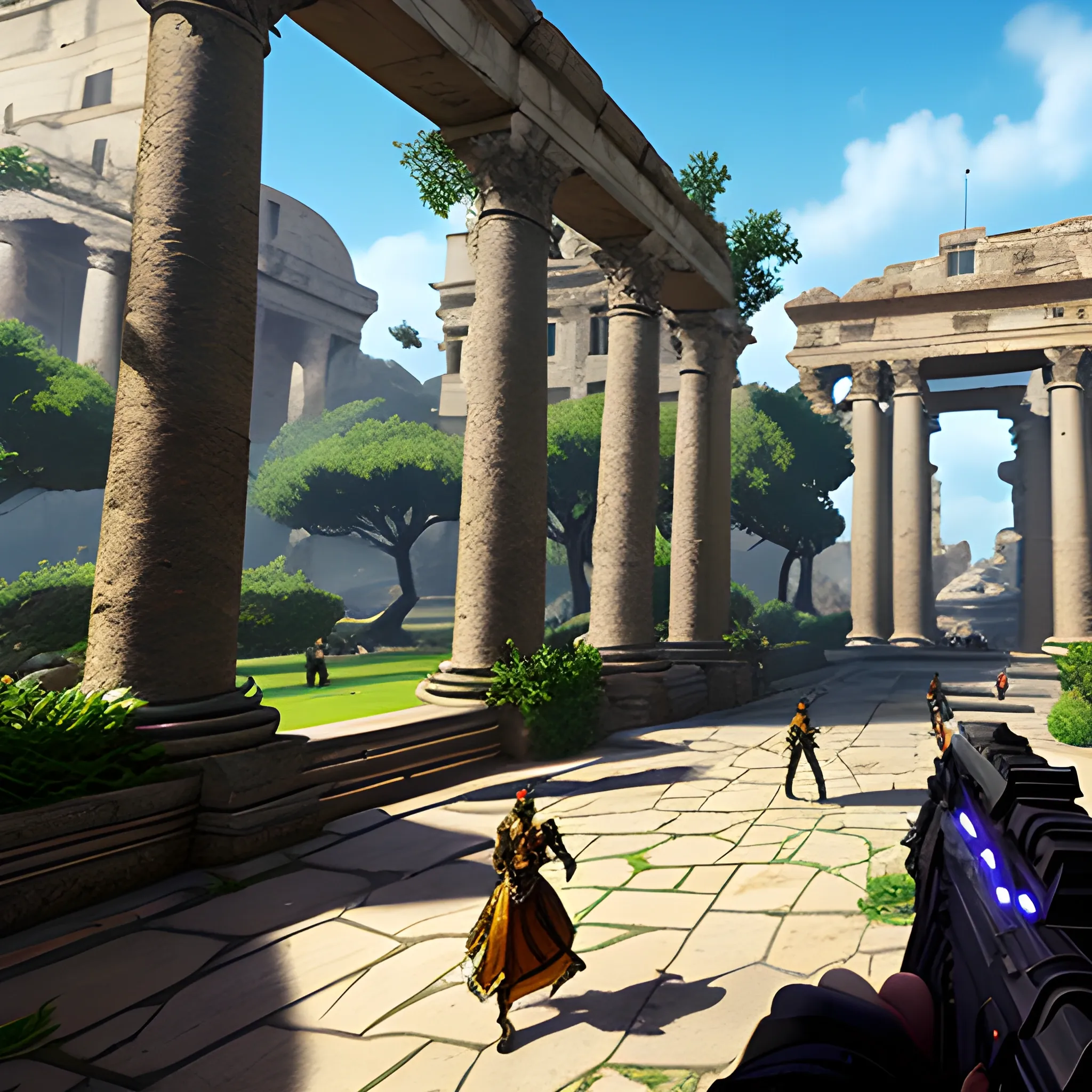 videogame screenshot with huge spangly sparkly assault rifle in foreground, with young mothers walking babies in a municipal gardens, in the ancient world, very detailed