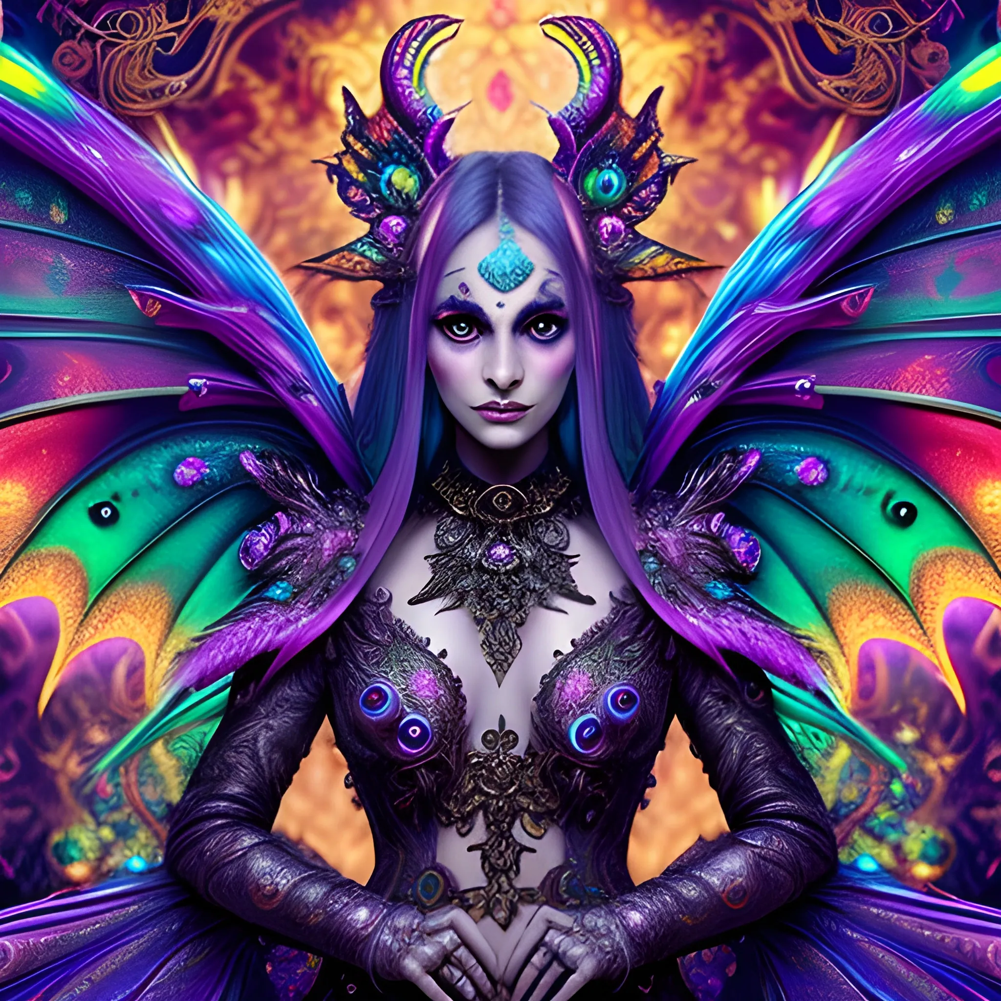 dragon witch, fire psychedelic, cute eyes, dragon wings, bear claws, peacock feathers, filigree laser fractal details, glistening shiny scales, intricate ornate hypermaximalist sharp focus, dramatic lighting, highly detailed and intricate, hyper maximalist, ornate, photographic style, luxury, elite, haunting matte painting, cinematic