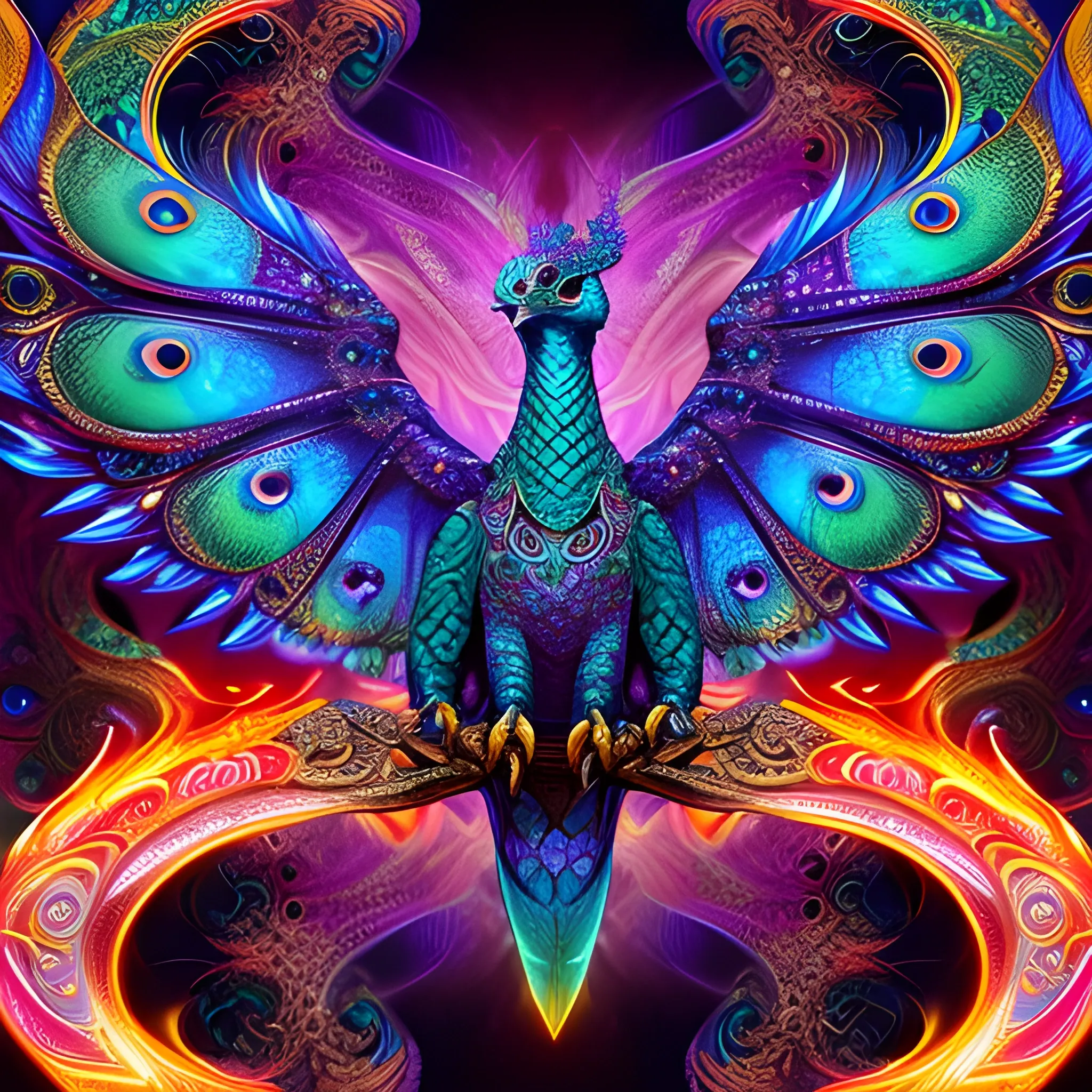 dragon falcon, fire psychedelic, cute eyes, dragon wings, bear claws, peacock feathers, filigree laser fractal details, glistening shiny scales, intricate ornate hypermaximalist sharp focus, dramatic lighting, highly detailed and intricate, hyper maximalist, ornate, photographic style, luxury, elite, haunting matte painting, cinematic