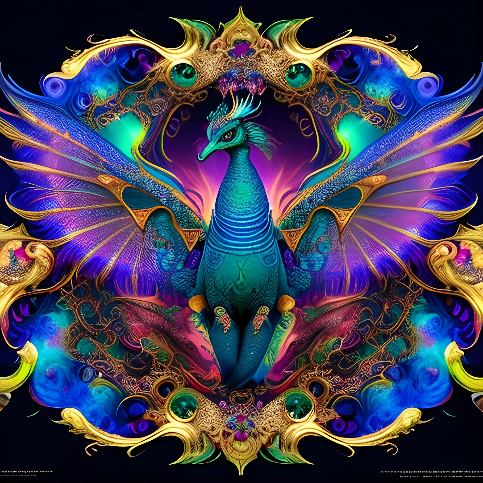 dragon Peacock, fire psychedelic, cute eyes, dragon wings, bear claws, peacock feathers, filigree laser fractal details, glistening shiny scales, intricate ornate hypermaximalist sharp focus, dramatic lighting, highly detailed and intricate, hyper maximalist, ornate, photographic style, luxury, elite, haunting matte painting, cinematic