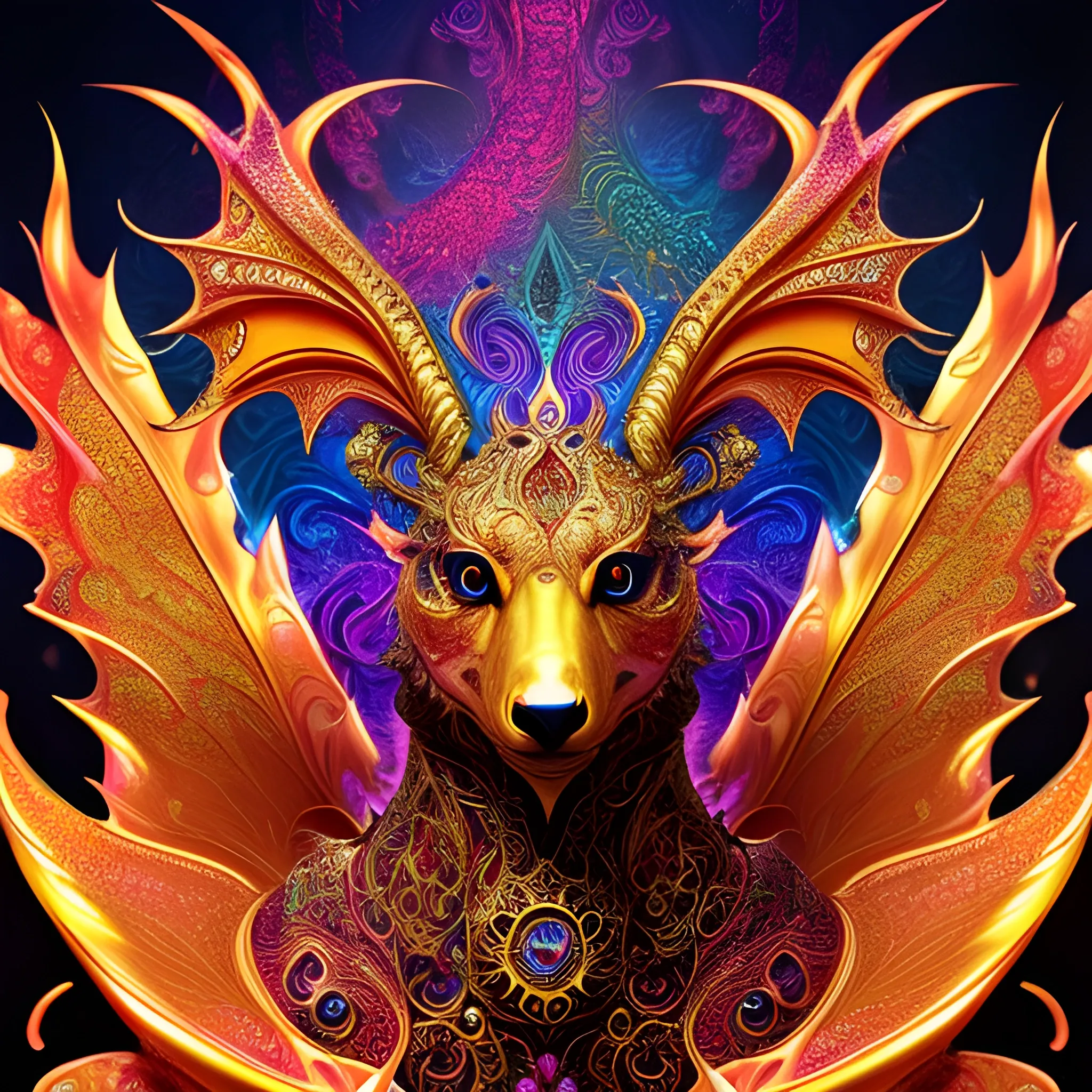 dragon of gold, fire psychedelic, cute eyes, dragon wings, bear claws, peacock feathers, filigree laser fractal details, glistening shiny scales, intricate ornate hypermaximalist sharp focus, dramatic lighting, highly detailed and intricate, hyper maximalist, ornate, photographic style, luxury, elite, haunting matte painting, cinematic