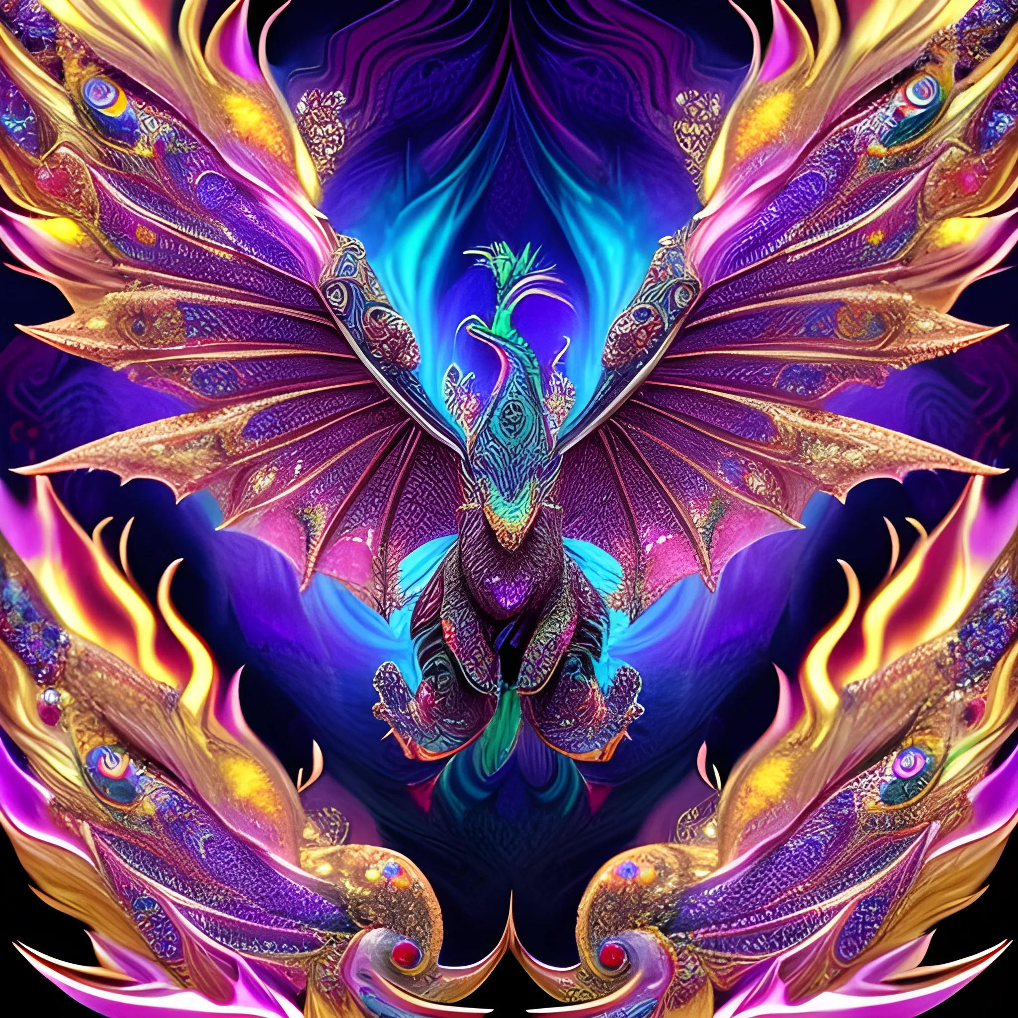 dragon silver, fire psychedelic, cute eyes, dragon wings, bear claws, peacock feathers, filigree laser fractal details, glistening shiny scales, intricate ornate hypermaximalist sharp focus, dramatic lighting, highly detailed and intricate, hyper maximalist, ornate, photographic style, luxury, elite, haunting matte painting, cinematic