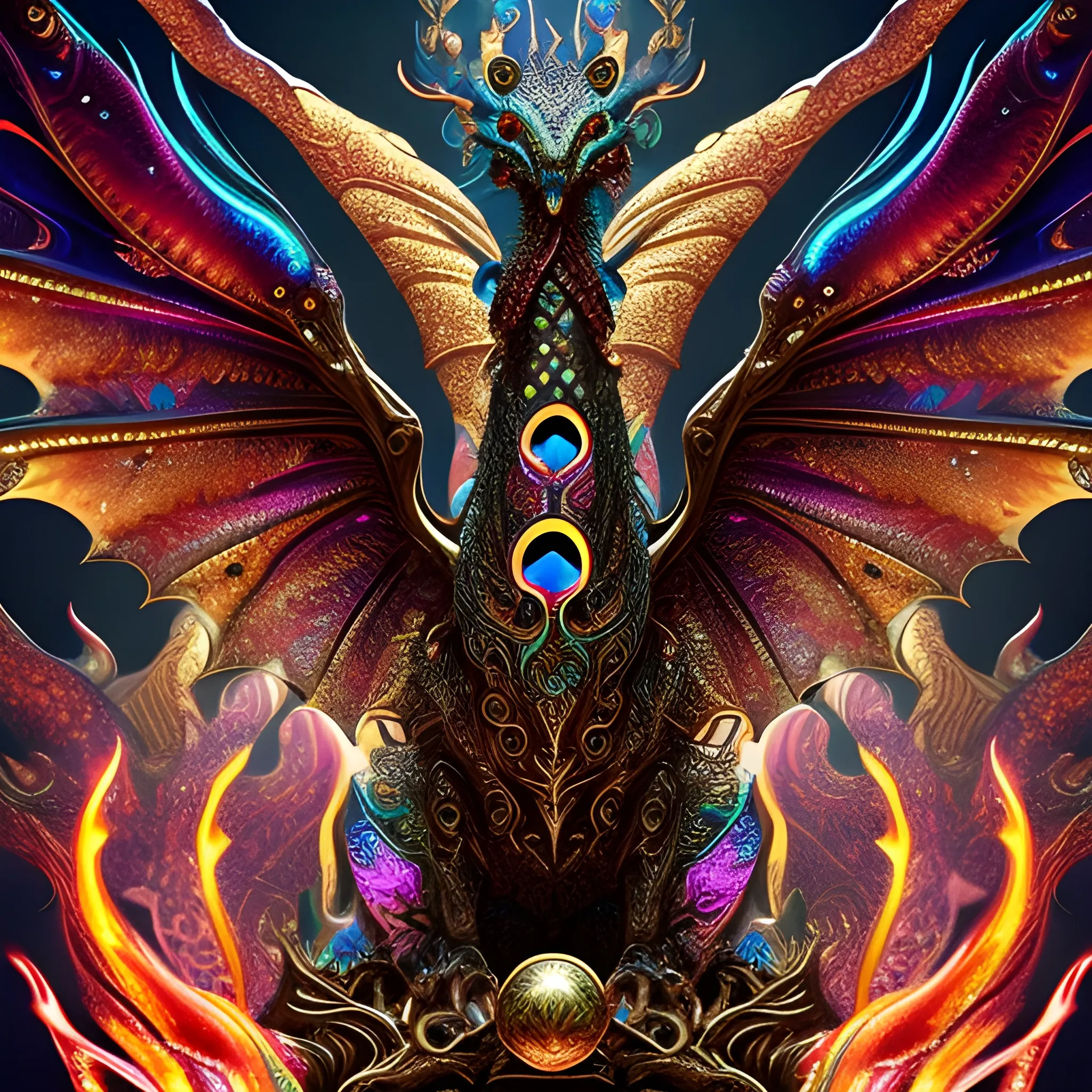 dragon made of bronze, fire psychedelic, cute eyes, dragon wings, bear claws, peacock feathers, filigree laser fractal details, glistening shiny scales, intricate ornate hypermaximalist sharp focus, dramatic lighting, highly detailed and intricate, hyper maximalist, ornate, photographic style, luxury, elite, haunting matte painting, cinematic