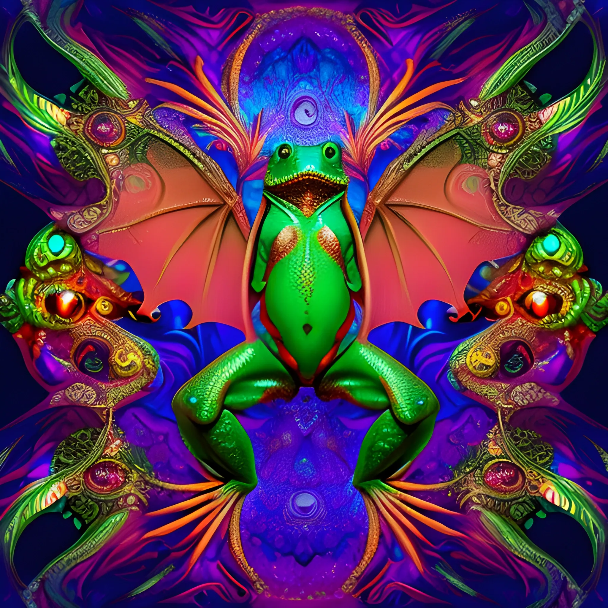 dragon frog, fire psychedelic, cute eyes, dragon wings, bear claws, peacock feathers, filigree laser fractal details, glistening shiny scales, intricate ornate hypermaximalist sharp focus, dramatic lighting, highly detailed and intricate, hyper maximalist, ornate, photographic style, luxury, elite, haunting matte painting, cinematic