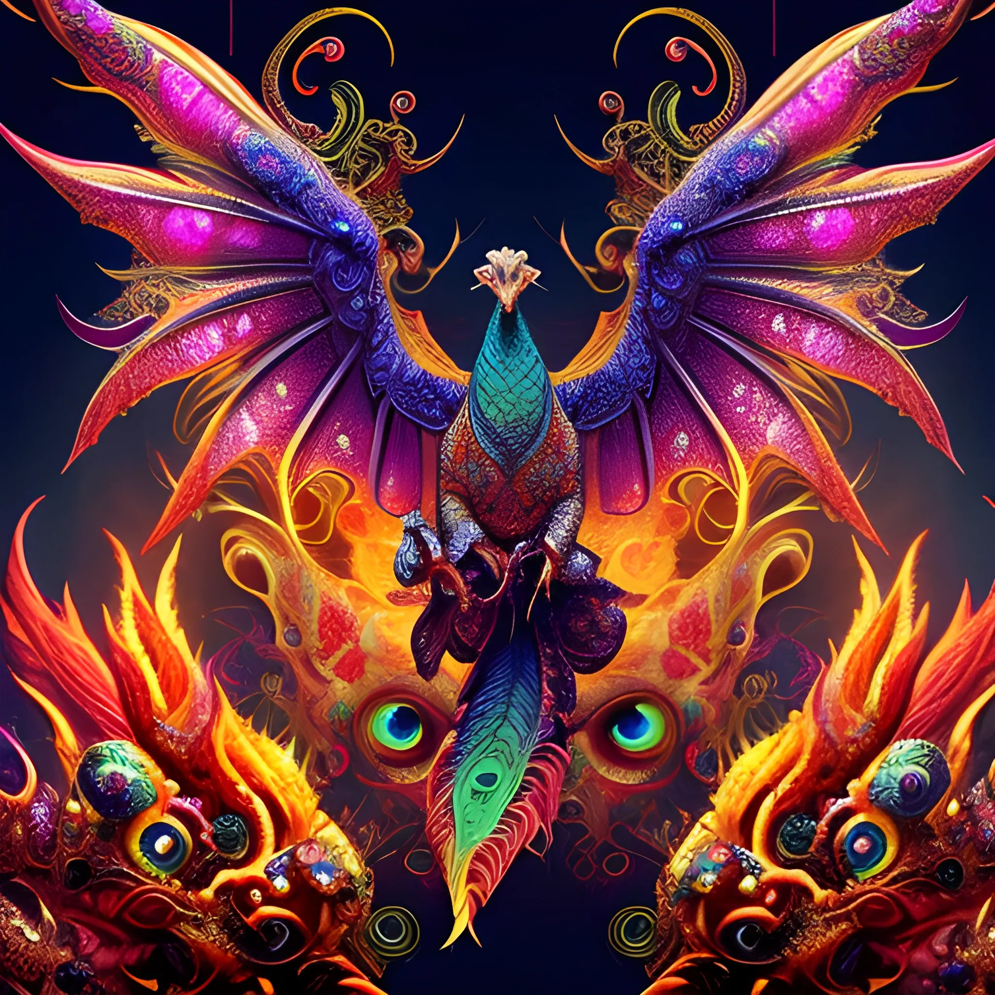 dragon chicken, fire psychedelic, cute eyes, dragon wings, bear claws, peacock feathers, filigree laser fractal details, glistening shiny scales, intricate ornate hypermaximalist sharp focus, dramatic lighting, highly detailed and intricate, hyper maximalist, ornate, photographic style, luxury, elite, haunting matte painting, cinematic