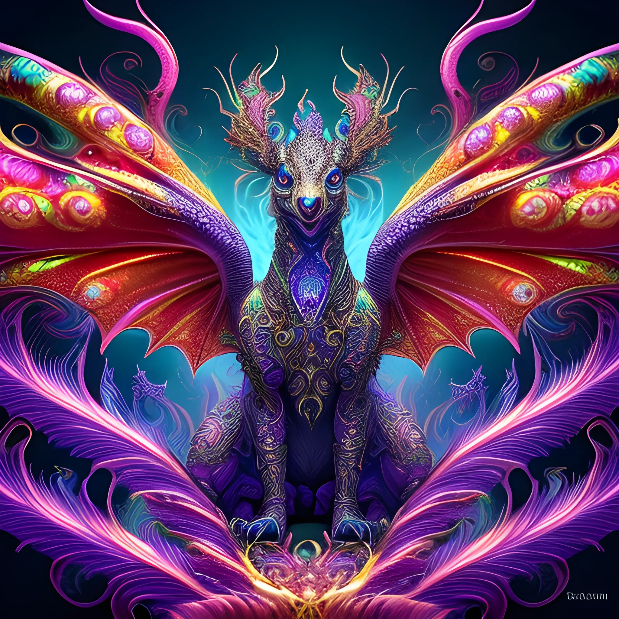 dragon sprite, fire psychedelic, cute eyes, dragon wings, bear claws, peacock feathers, filigree laser fractal details, glistening shiny scales, intricate ornate hypermaximalist sharp focus, dramatic lighting, highly detailed and intricate, hyper maximalist, ornate, photographic style, luxury, elite, haunting matte painting, cinematic