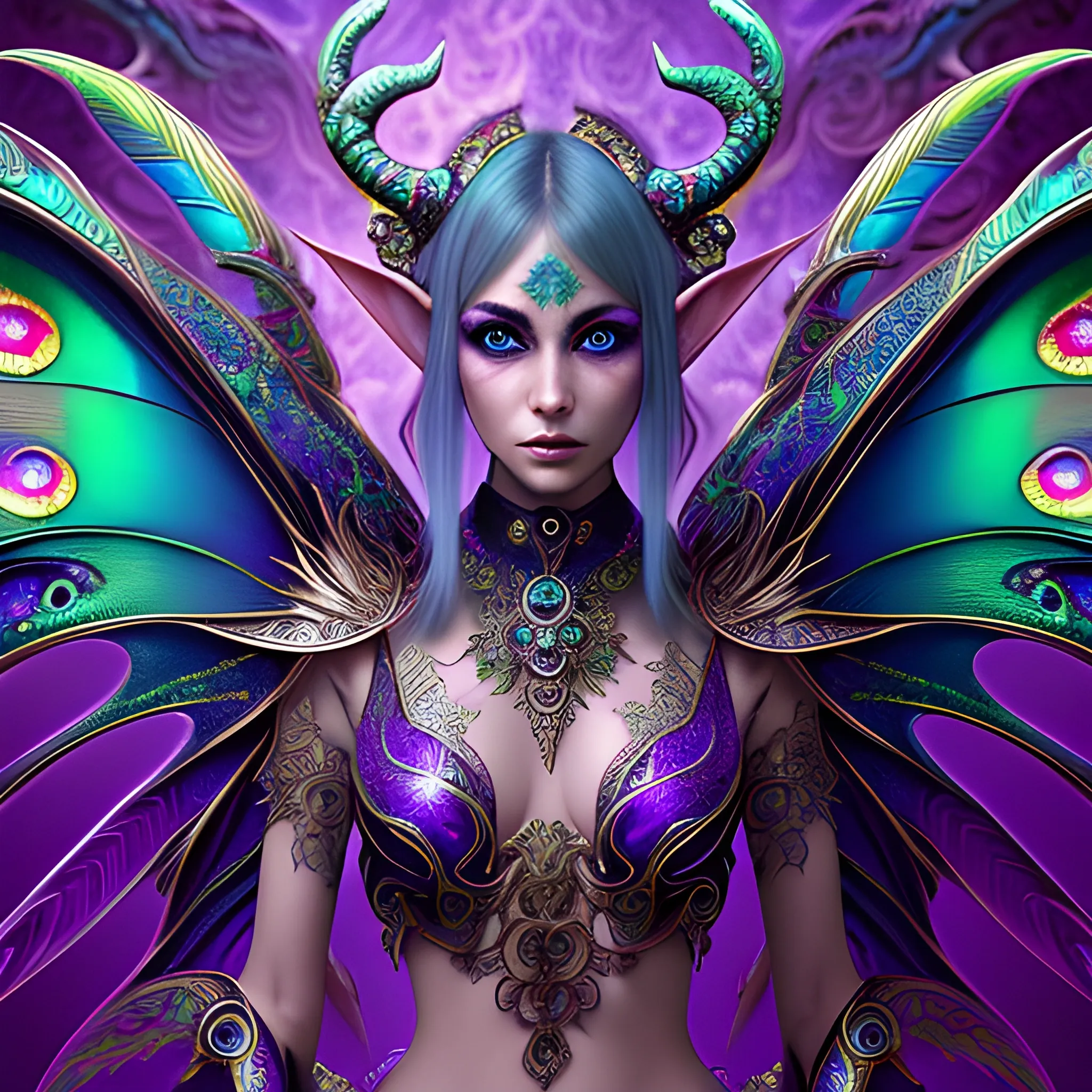 dragon elf, fire psychedelic, cute eyes, dragon wings, bear claws, peacock feathers, filigree laser fractal details, glistening shiny scales, intricate ornate hypermaximalist sharp focus, dramatic lighting, highly detailed and intricate, hyper maximalist, ornate, photographic style, luxury, elite, haunting matte painting, cinematic