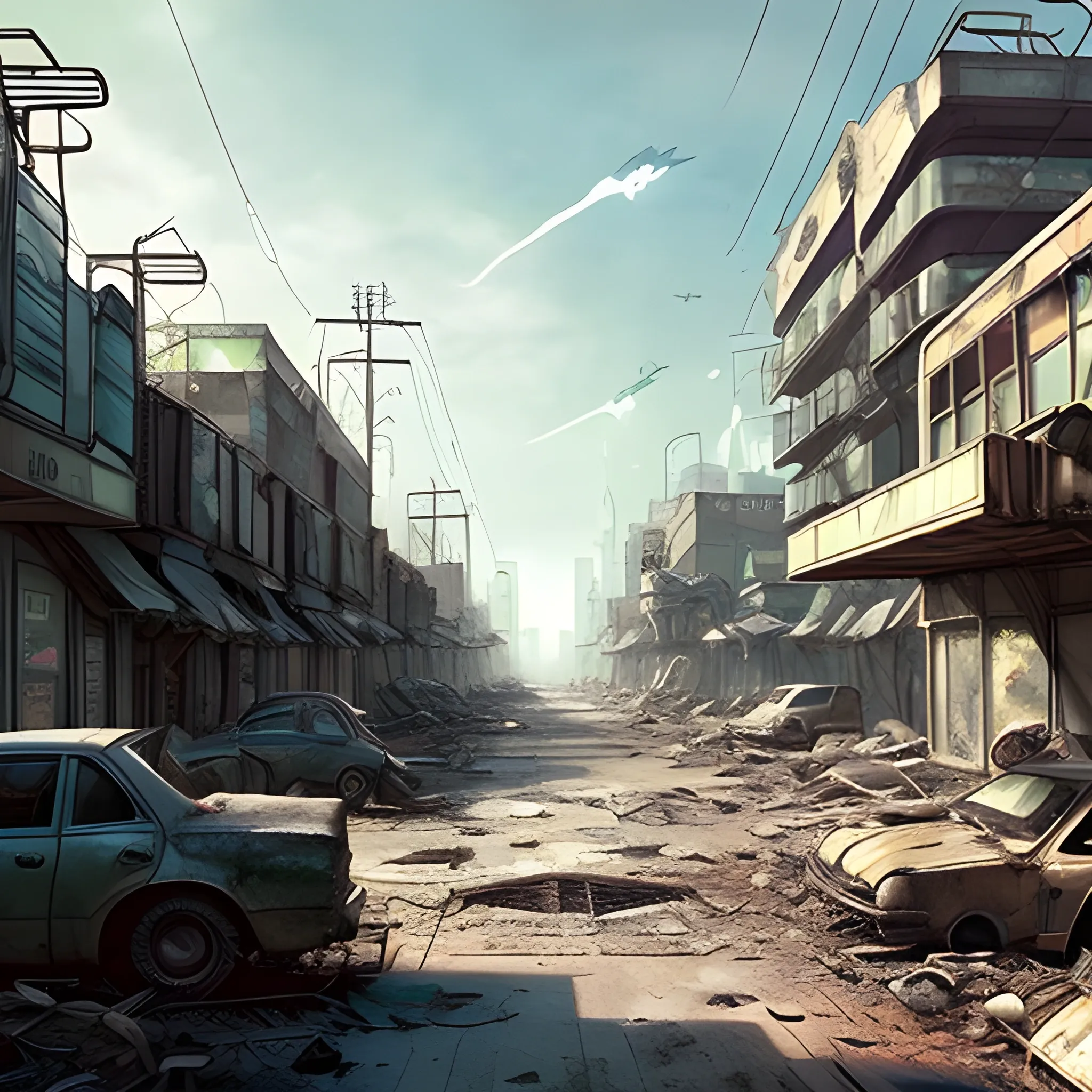 neighborhood, high tech, stores, Establishments, futuristic, postapocalyptic, devastated