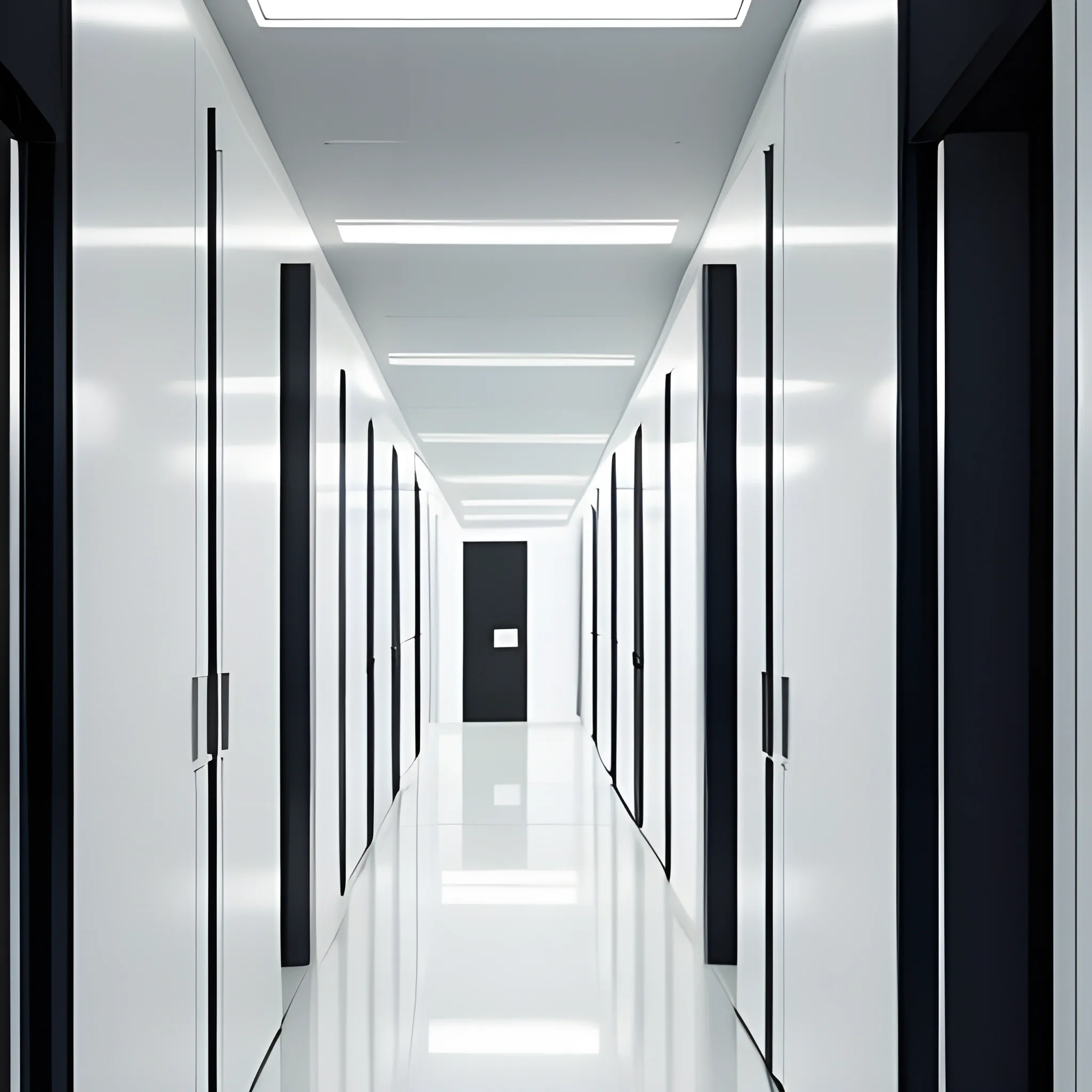 lab corridor, futuristic, robotic Forniture, white dominant, mechanic doors, indoor plants