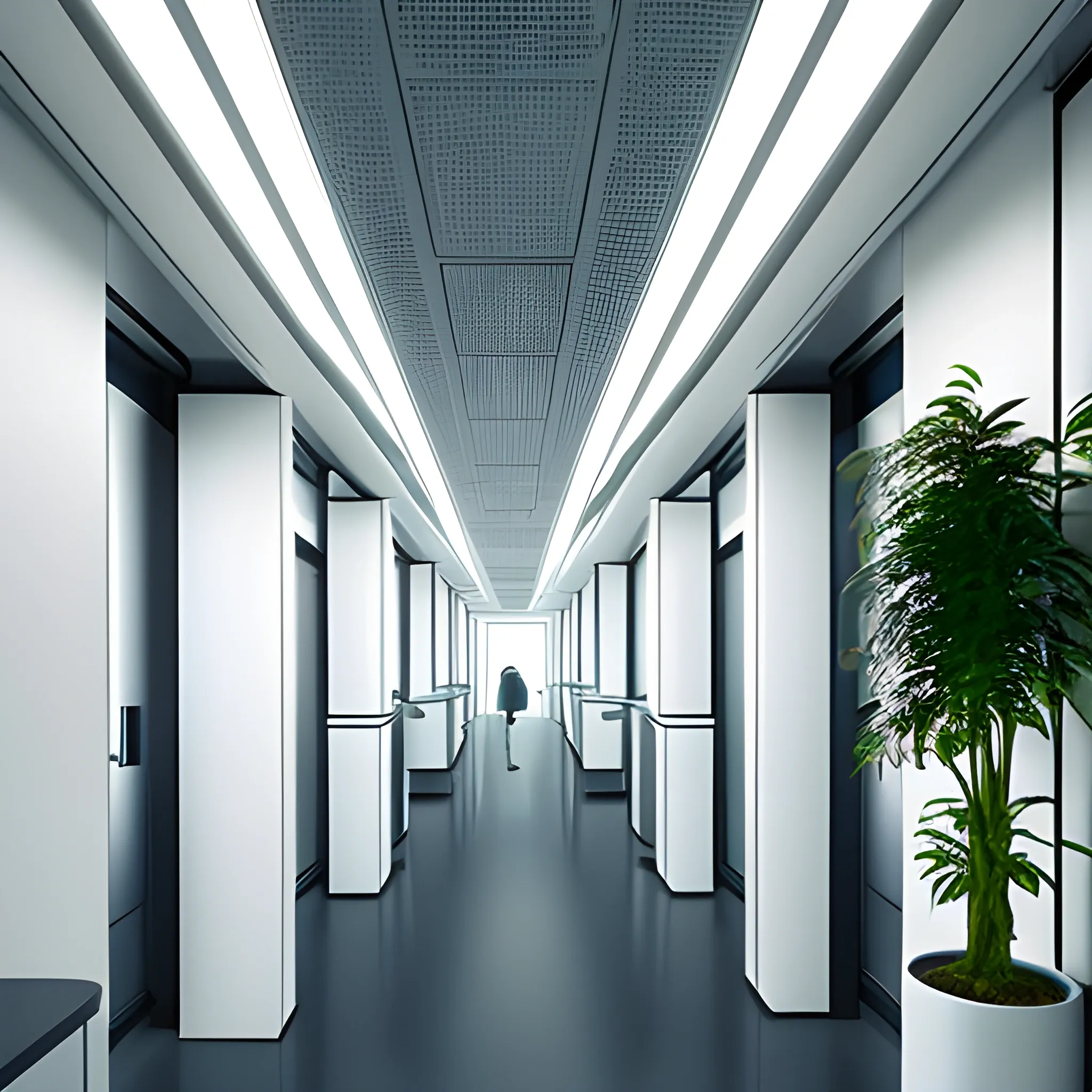 lab corridor, futuristic, robotic Forniture, indoor plants