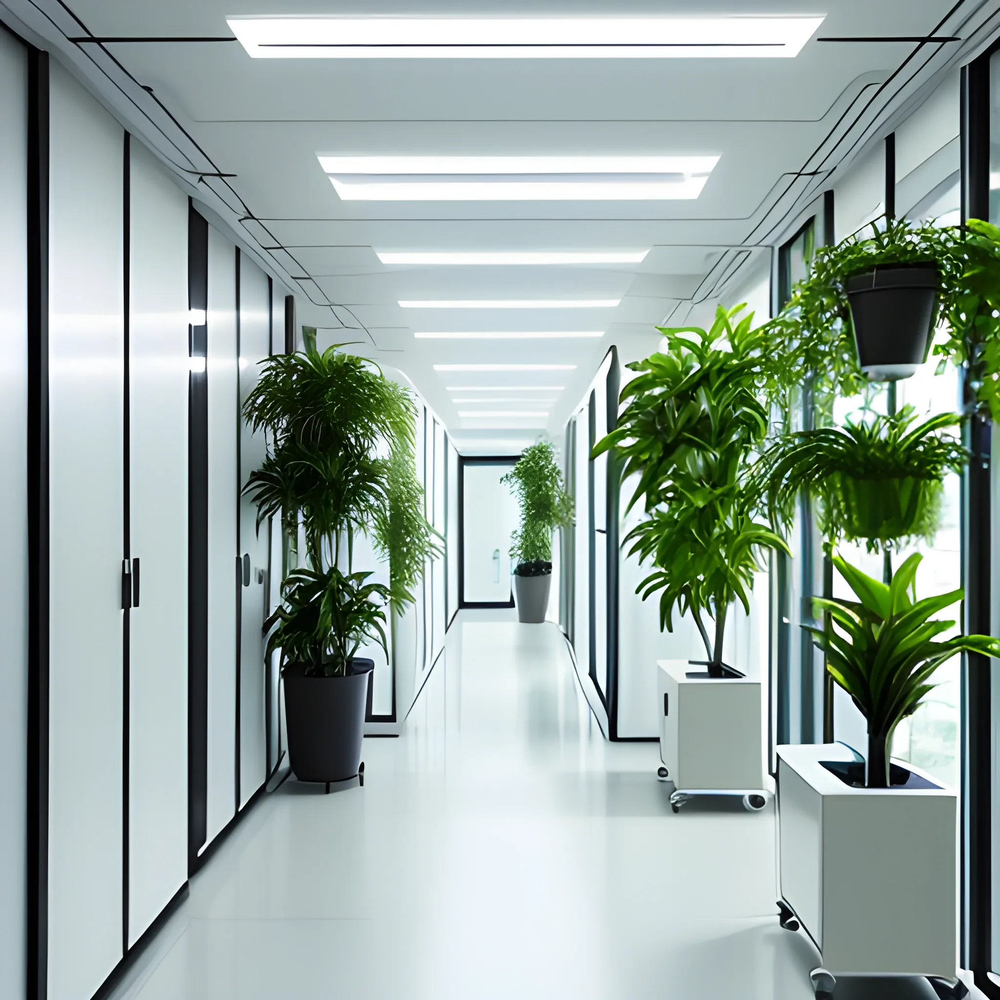 lab corridor, futuristic, robotic Forniture, indoor plants, experiments window