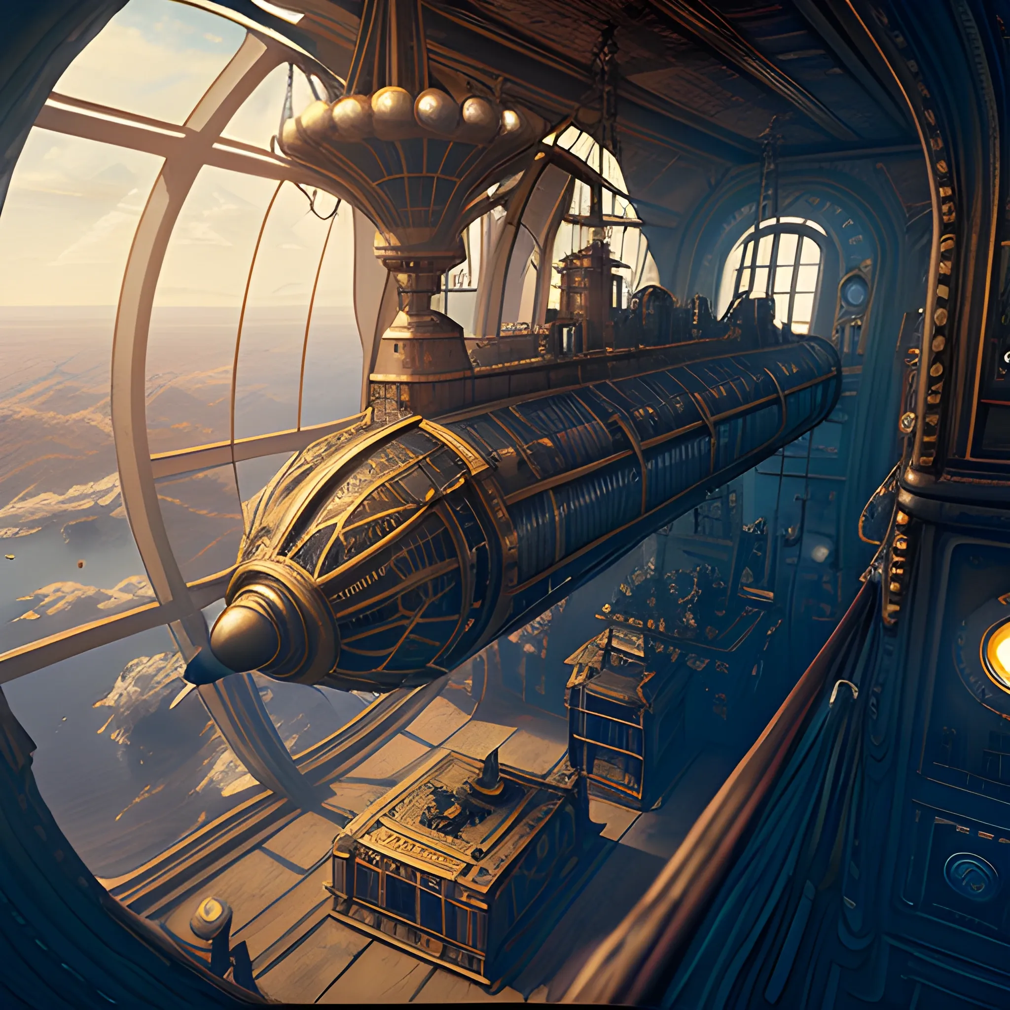 masterpiece, steampunk, inside an airship, film quality, unreal engine, jules verne, space, 3D