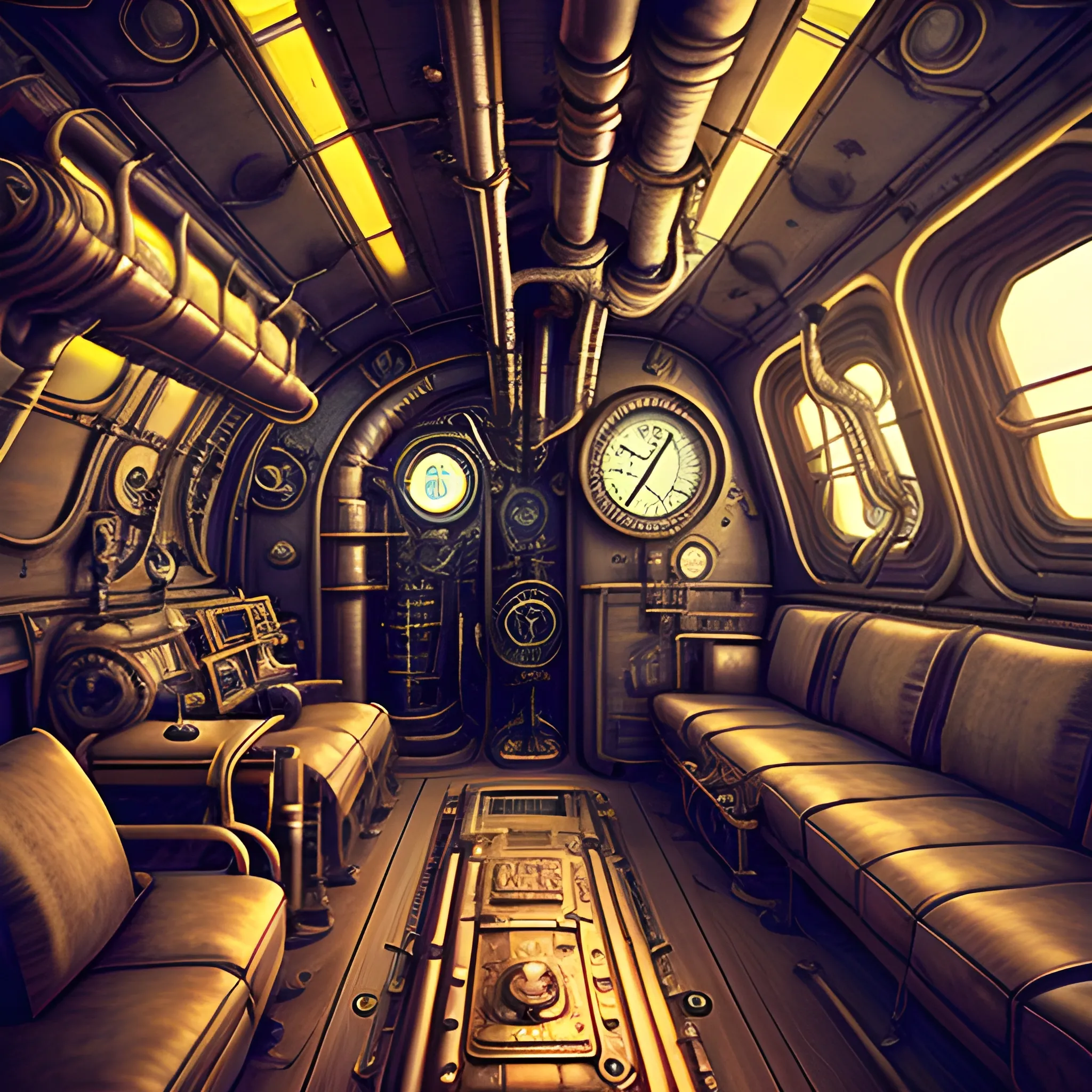 steampunk, inside an spaceship, jules verne, 3D, rectangular, pipes gauges