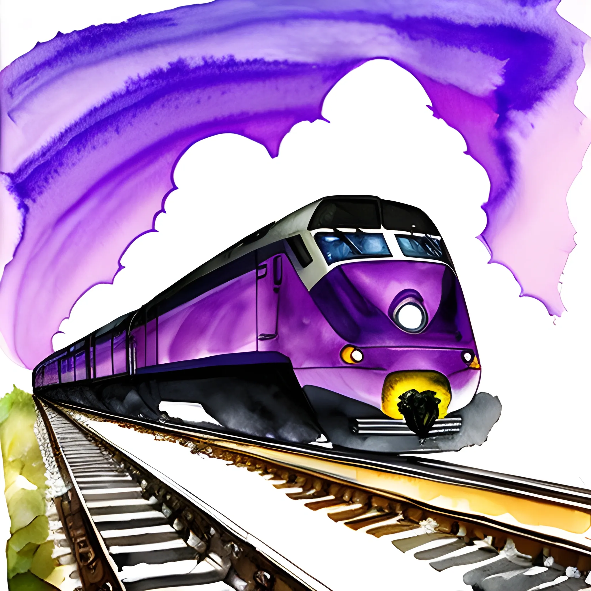 A small train toward the dark purple stars, traveling from the ground to the stars, Water Color