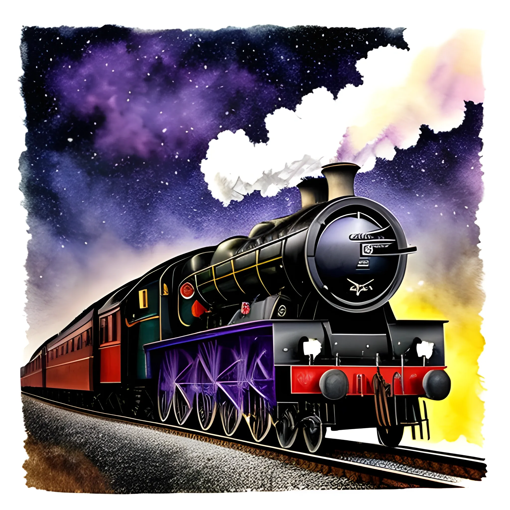 A handsome little steam train traveling toward the dark purple stars, from the earth to the stars， Water Color