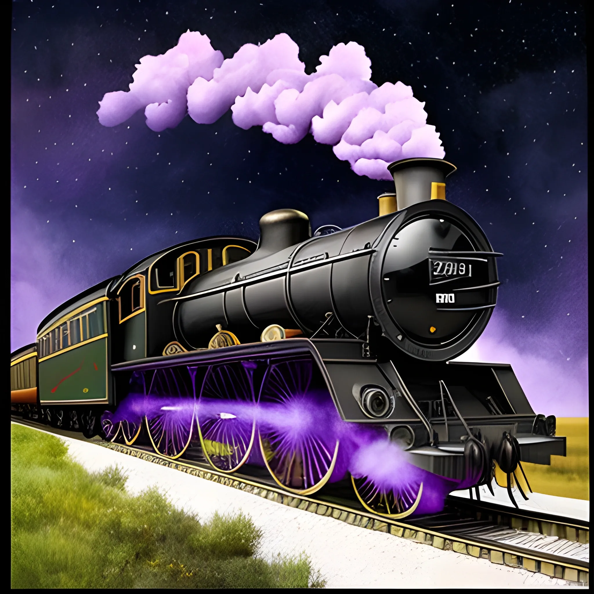 A handsome little steam train traveled on winding tracks toward the dark purple stars, from the earth to the stars， Water Color