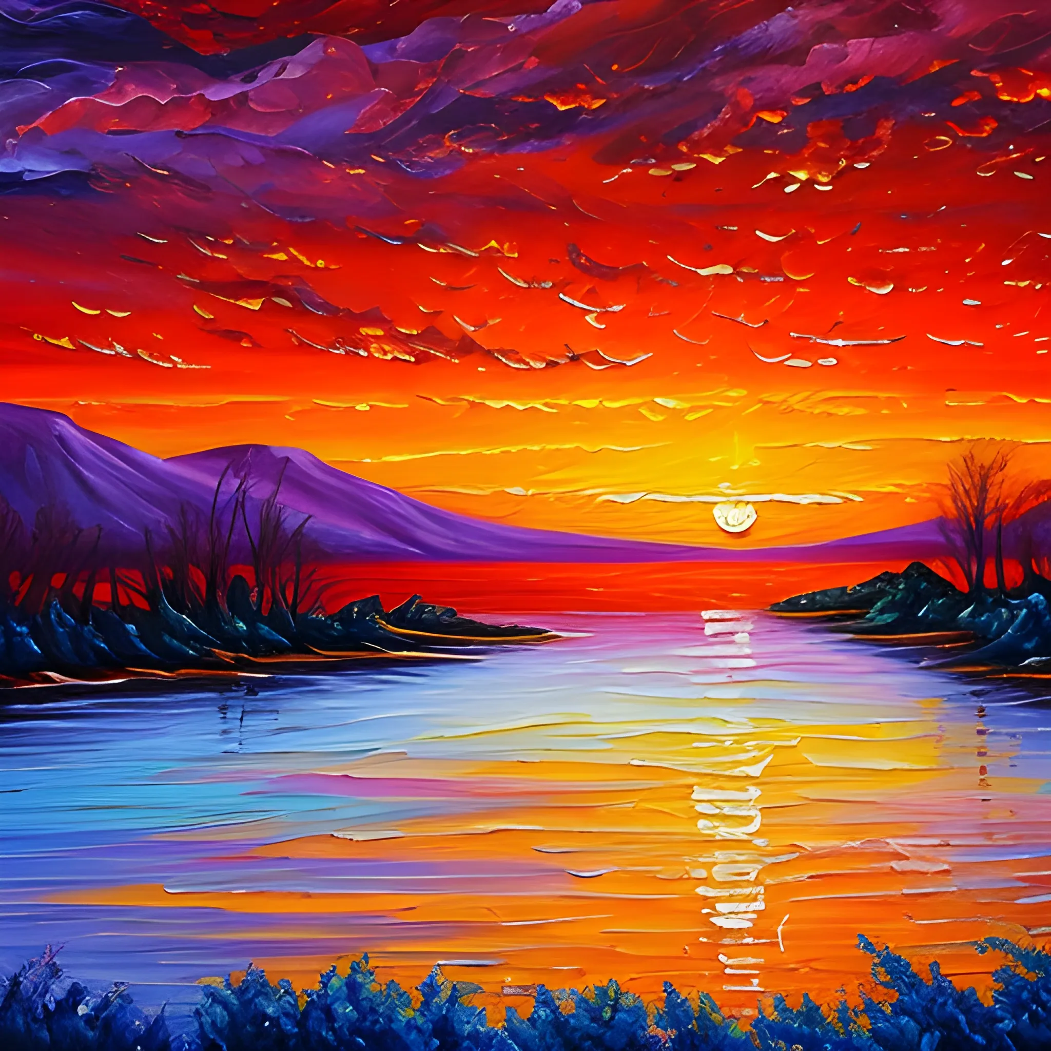 Sunset landscape painting, oil painting style