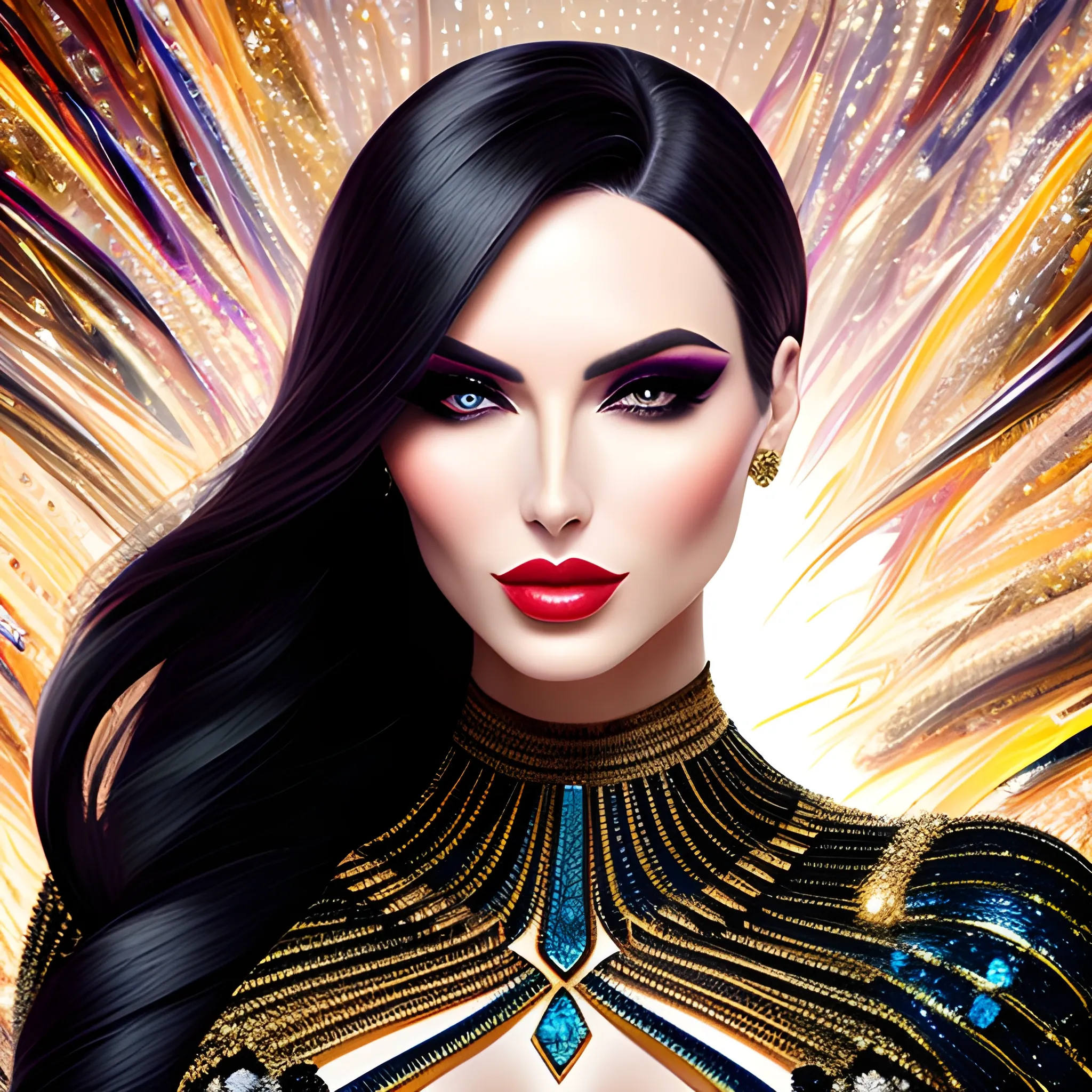 Beautiful girl in dynamic pose, dark straight hair with side comb, luxurious makeup, luxurious knitwear, luxurious diamonds,, Oil Painting, Trippy