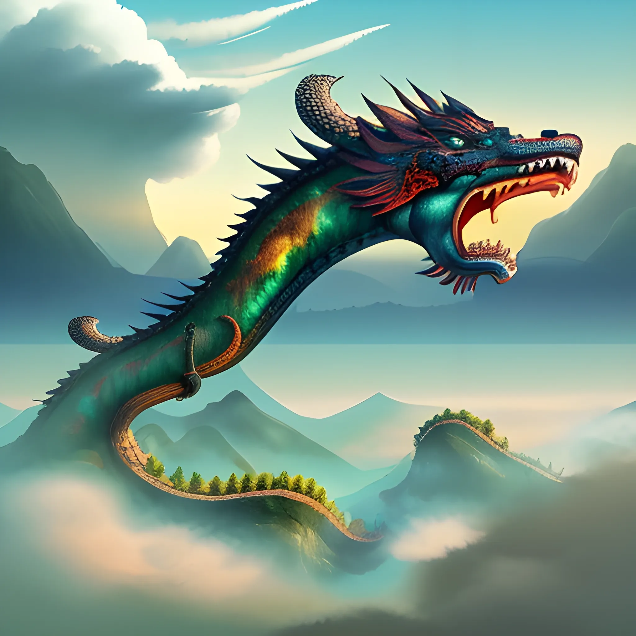 Chinese landscape digital illustrations, clouds, and deep, shadows have chines dragons flying, 3d