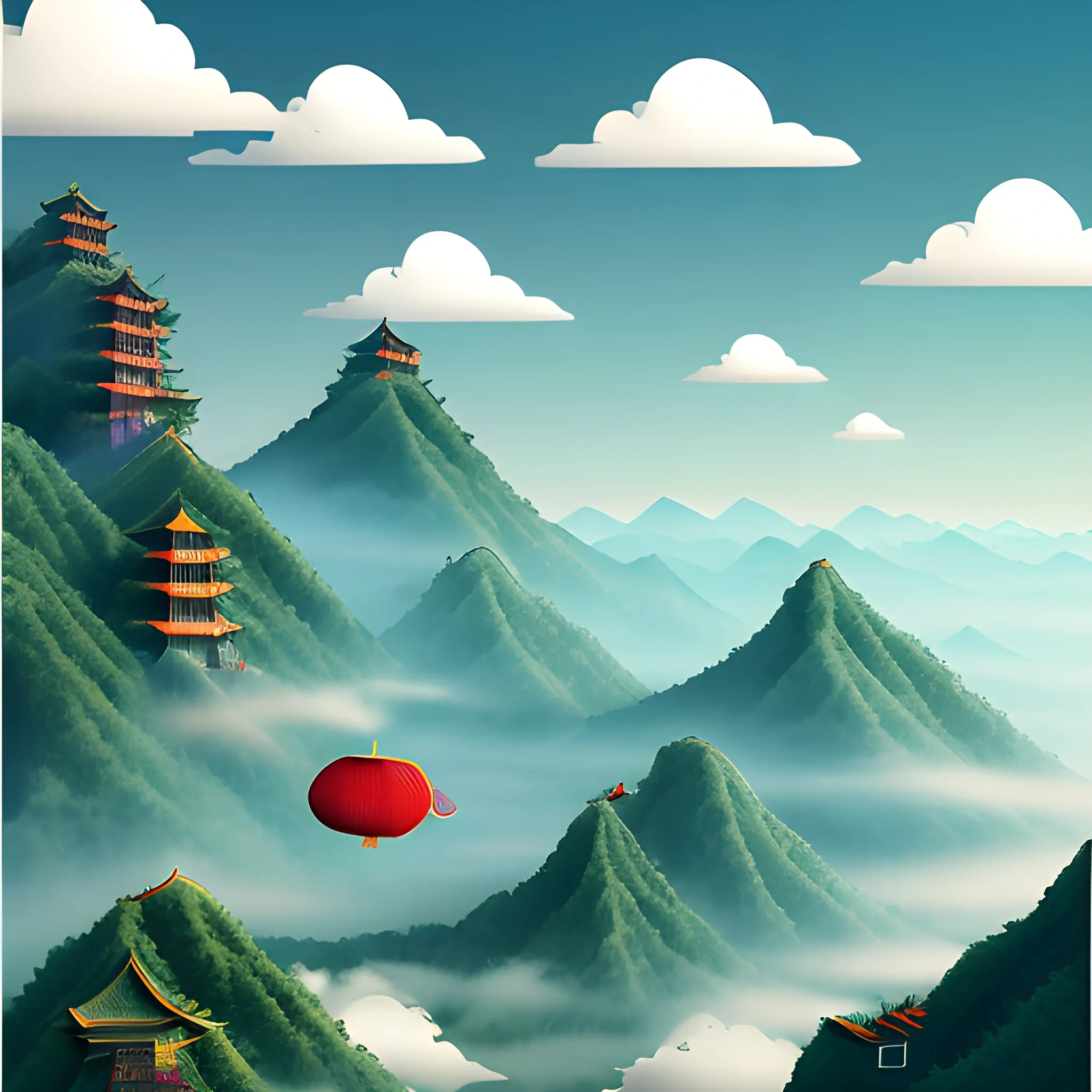 Chinese landscape illustrations, clouds, and deep, chines dragons flying, 3d, art, 3D, paper cut out